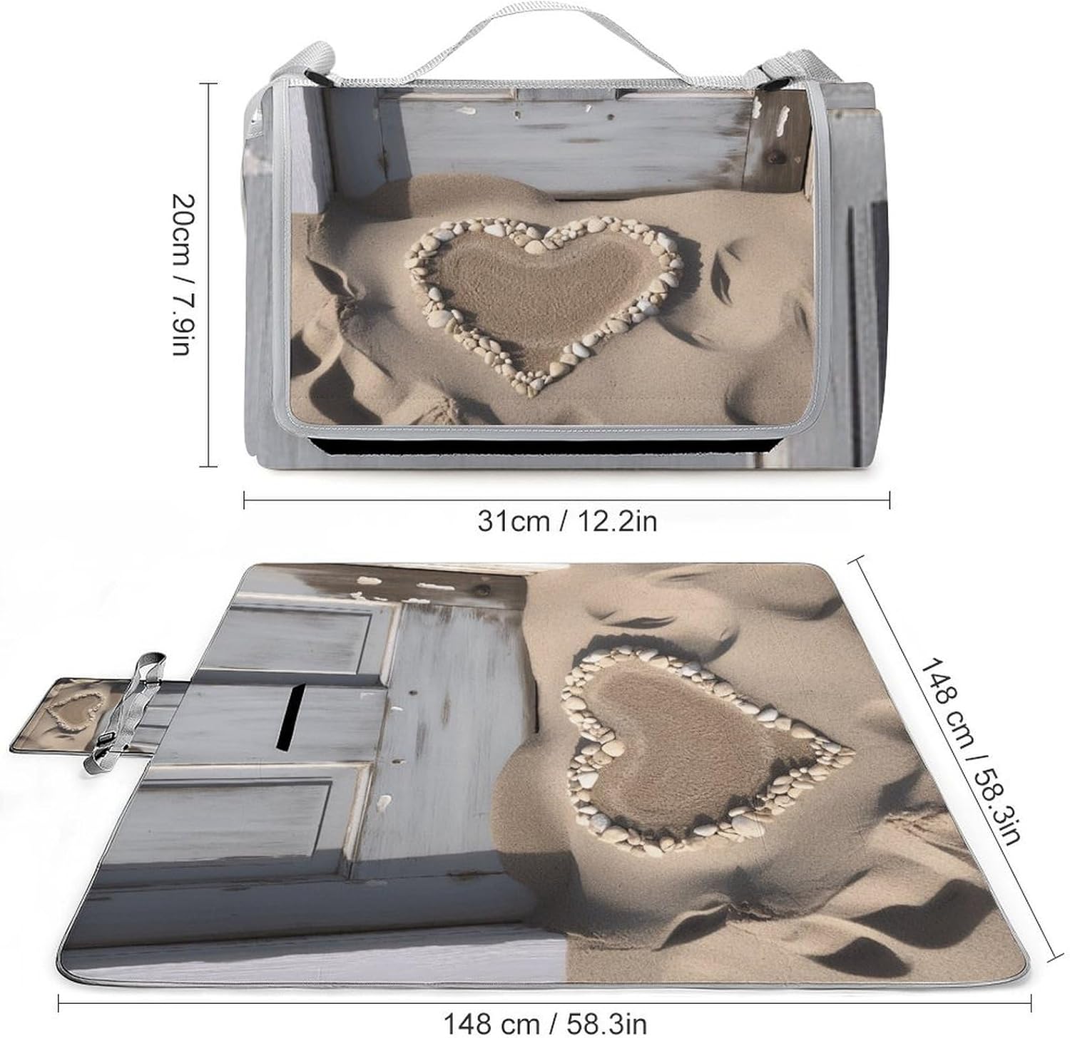 Beach Sand Heart Door Waterproof Picnic Blanket 58.3''x58.3'',Portable and Foldable Picnic Mat with Handle,Outdoor Blankets for Lawn Park Beach Travel