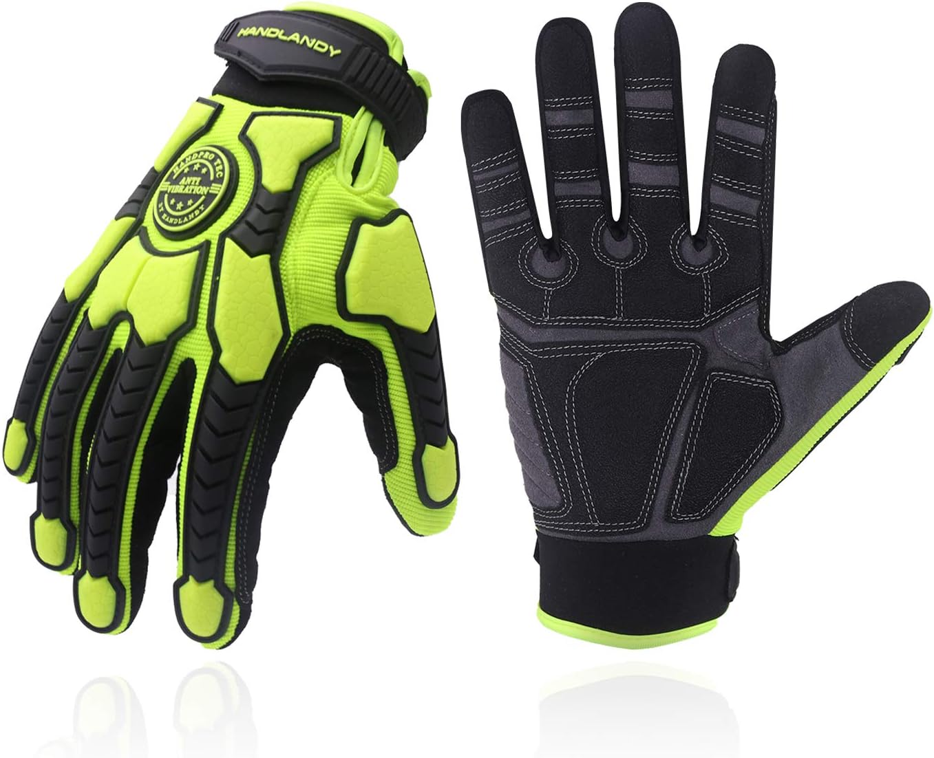 HLDD HANDLANDY Heavy Duty Work Gloves, SBR Padding, TPR Protector Impact Gloves, Men Anti Vibration Mechanic Work Gloves TouchScreen (L, Green)