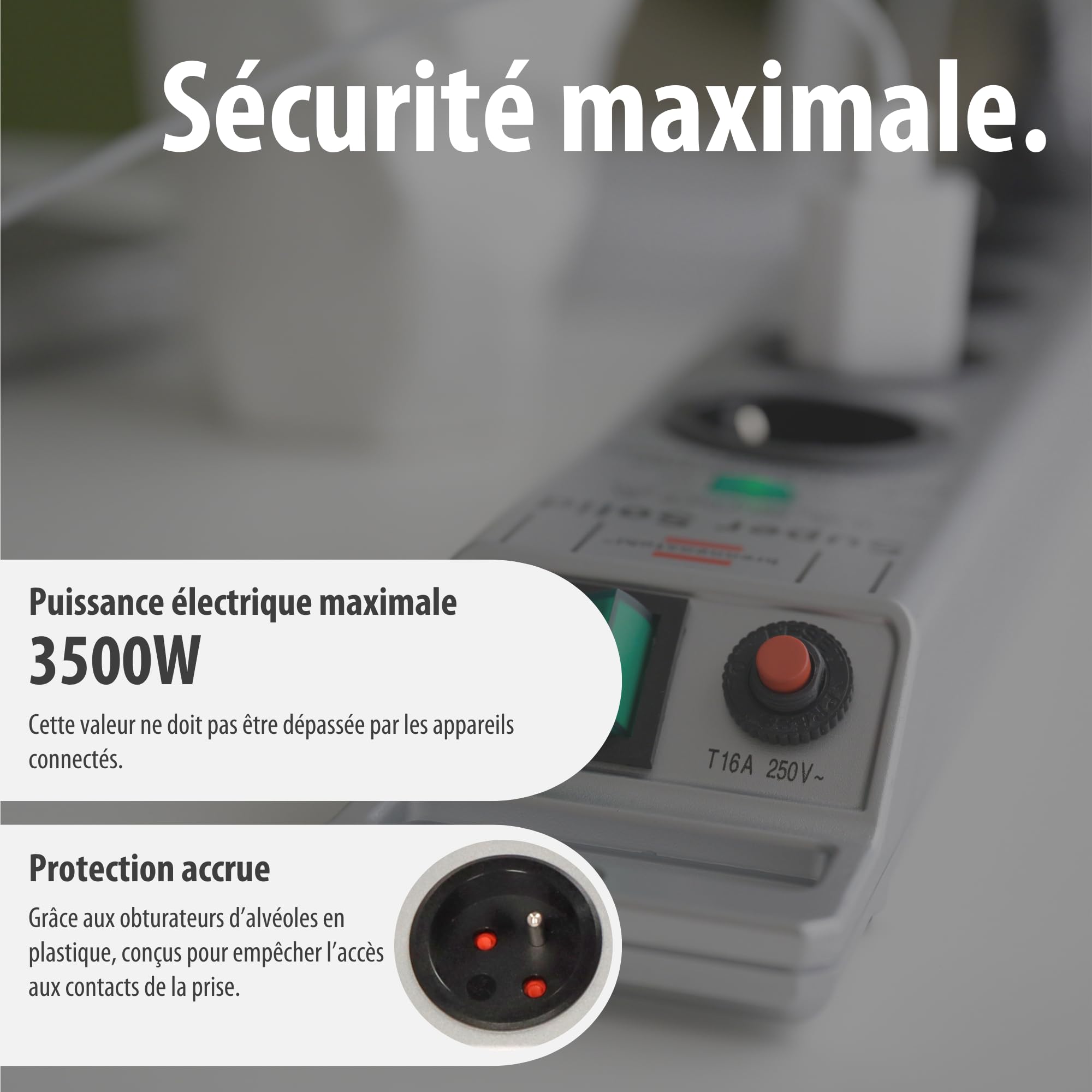 Brennenstuhl Multiprise Super-Solid avec Interrupteur et parasurtenseur 13500A (Bloc Prises orientées à 45 degrés, disjoncteur 16A, Voyant de Protection antifoudre, 2,5m H05VV-F, boîtier PC) Gris