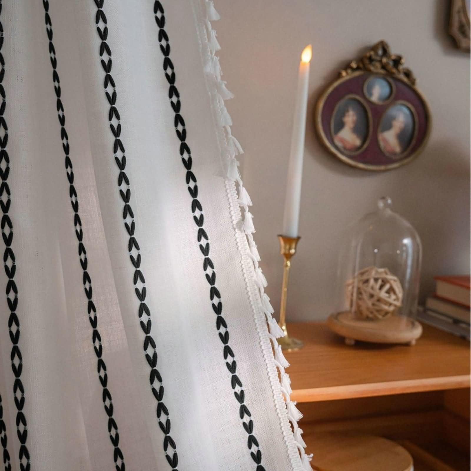 Homxi Semi Blackout Curtains Bedroom 2 Panel Set,2 x 52W x 84H inch,Drapes Black White for Restaurant Stripes Embroidery with Tassels Kitchen Curtain Grommets