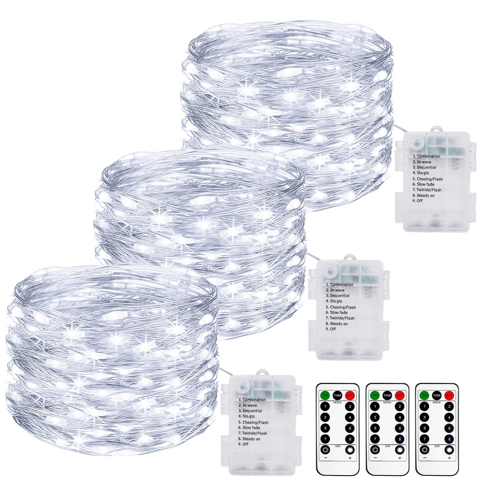 3 Pack Battery Powered Fairy Lights with Remote and Timer, 10M 100LED String Lights Battery 8 Modes IP65 Waterproof Outdoor Indoor Copper Wire Twinkle Lights for Bedroom Christmas Decor-Cool White — image 1