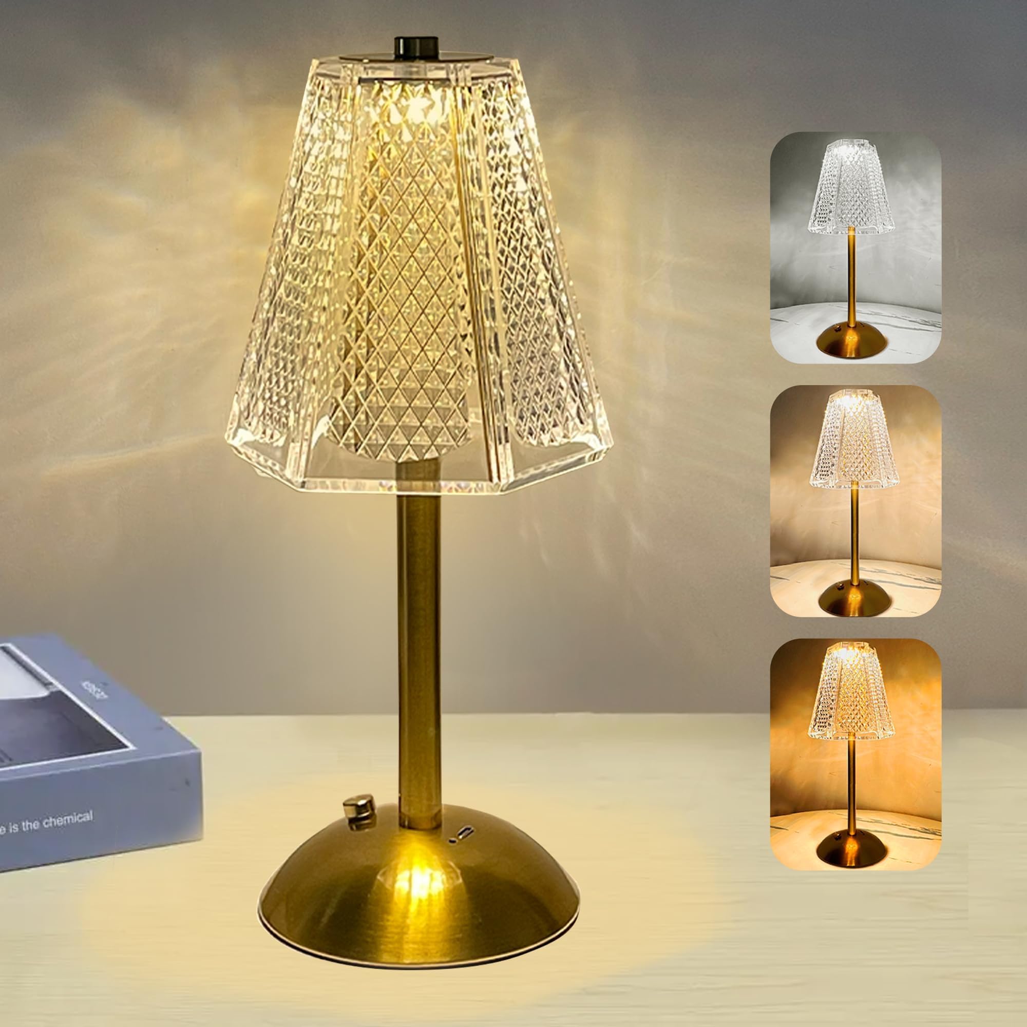 RuiDay Crystal Table Lamps, 3 Colors Touch Dimmable Rechargeable Bedside Lamps for Bedroom & Living Room (A, 1Pcs)