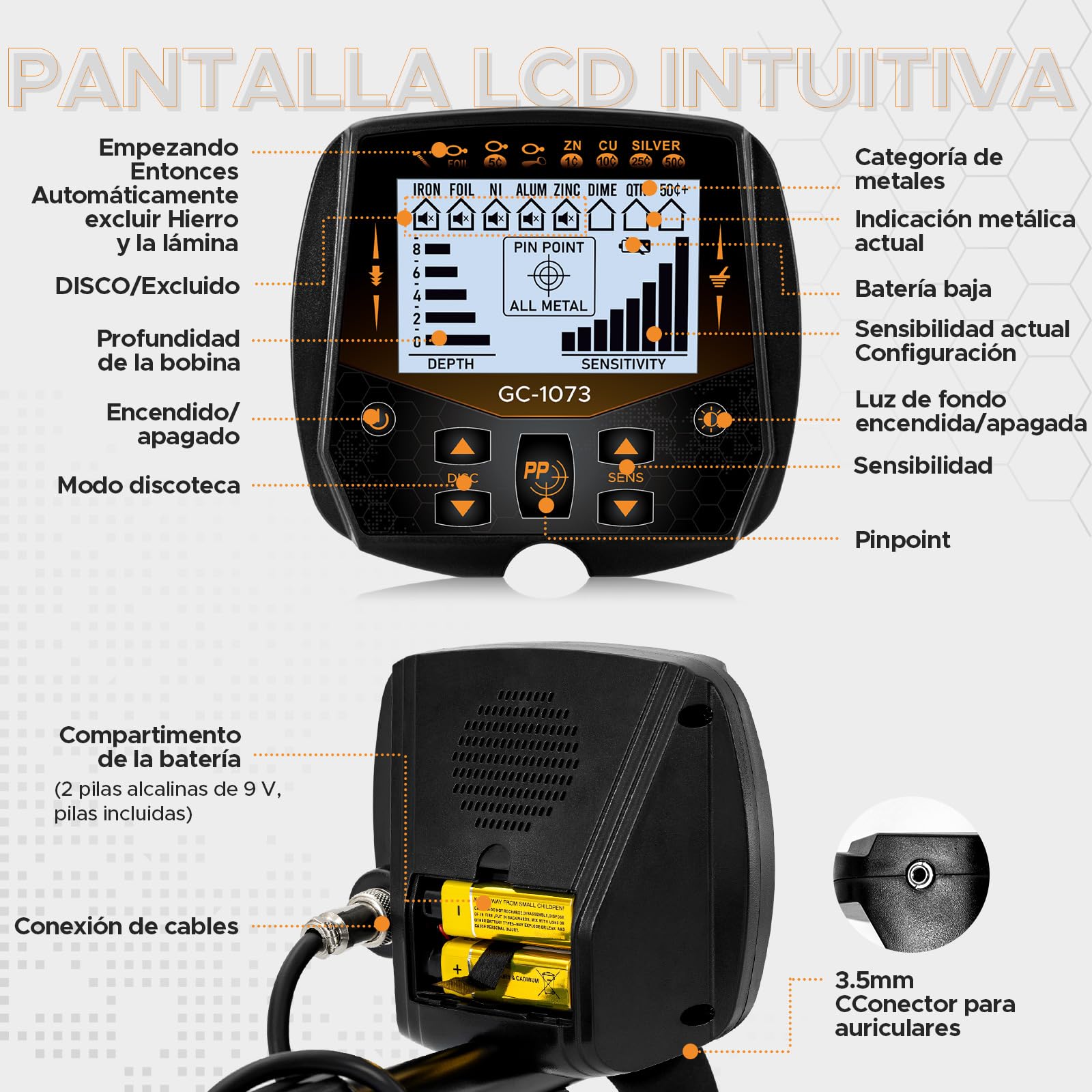 Hazlewolke Detector de Metales Profesional de 33cm, Doble D, Resistente al Agua, buscador de Bobina Dorada con Pinpoint, Modo Disc de Alta sensibilidad, Pantalla LCD retroiluminada, Detector de Oro