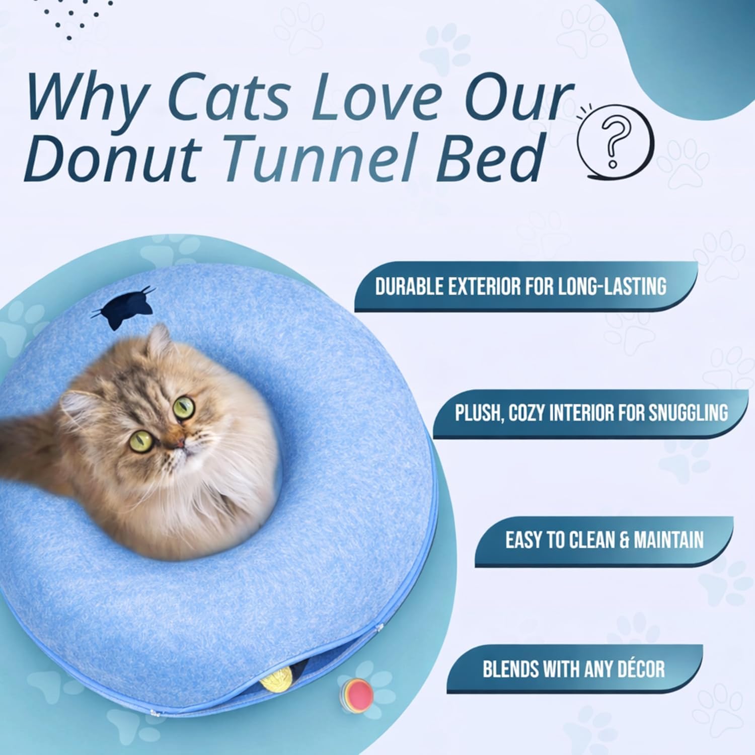 Peekaboo Cat Tunnel Bed with Hanging Ball Toy – Large Cat Tunnels for Indoor Cats up to 30lbs – Round Cat cave Bed with Scratch-Resistant, Easy to Wash & Cozy Design (Blue, Large)