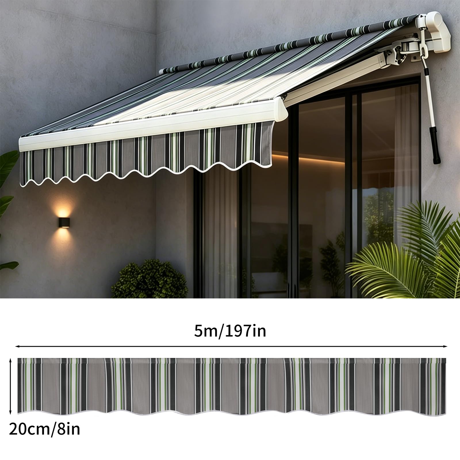 Markisen Volant Ersatzstoff,Markisenbespannung Ersatzstoffe Markisenstoffe Polyester,Robuste wasserdichte UV-beständige Stoffstreifen,Gewellter Volant für Terrasse,Markise (Gestreift, 5m x 20cm)