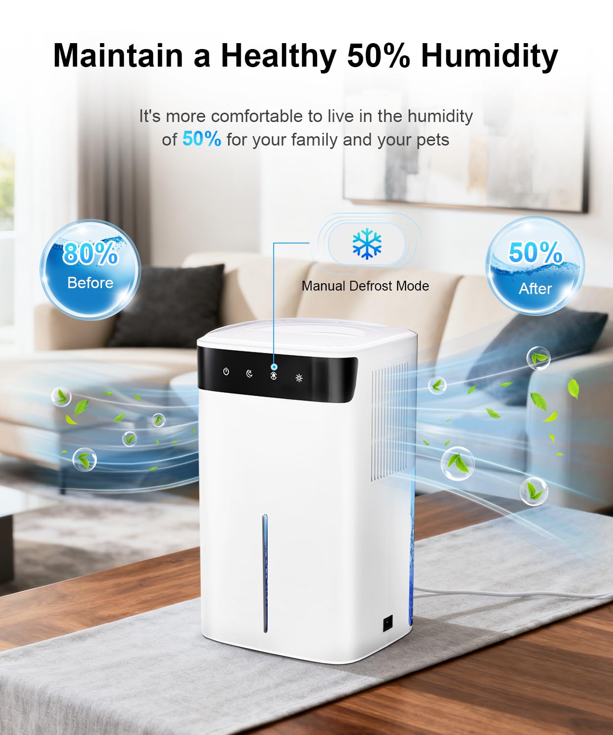 500ML Elektryczny Osuszacz Powietrza ze Zmiennym Światłem LED i Odmrażaniem - Cichy Tryb Nocny 40dB do Sypialni, Kuchni, Piwnicy, Przeciwko Pleśni
