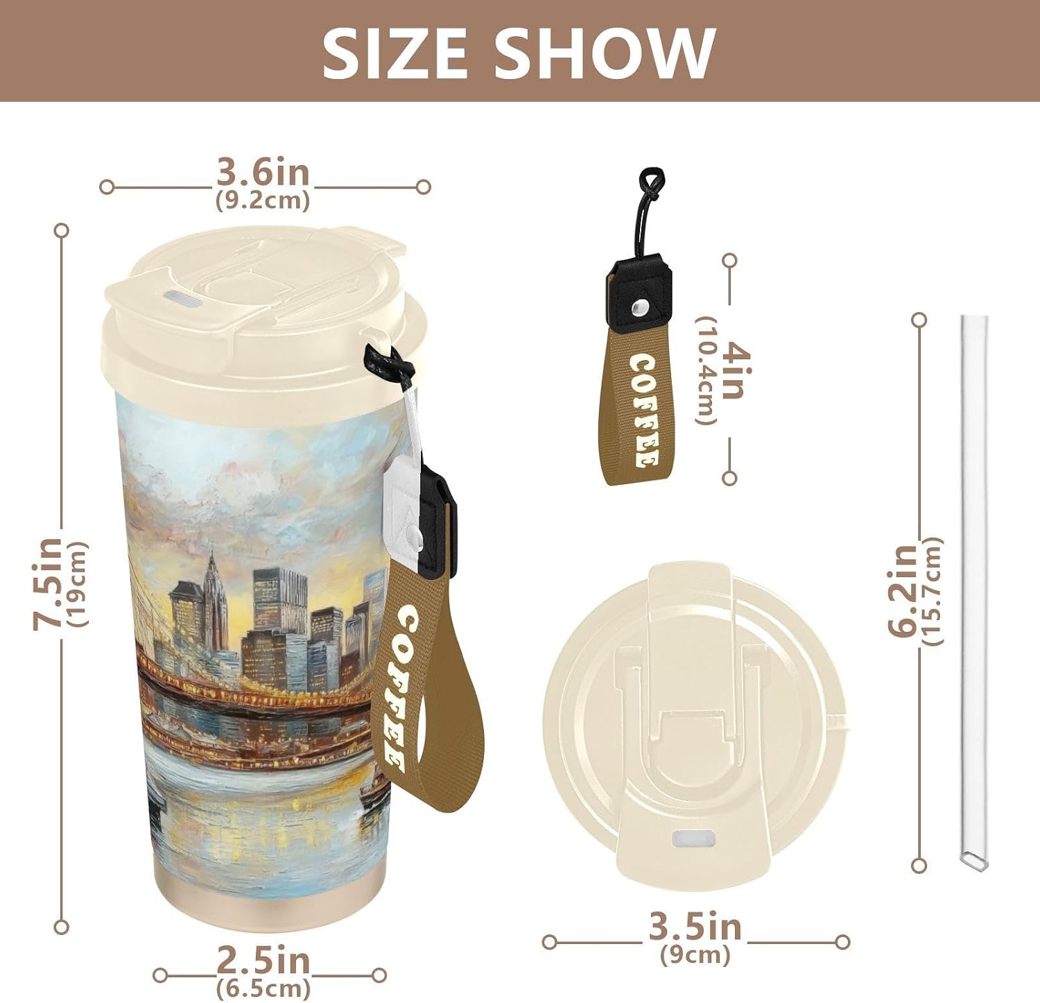 Brooklyn Bridge Skyline Insulated Coffee Mug with Straw & Flip Lid, 16.9oz Iced Tumbler Cup, Double Wall Vacuum Leak-Proof Mug for Travel Office