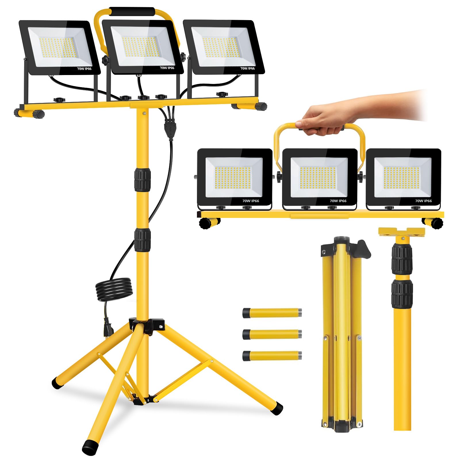 21000 Lumen Work Lights with Stand, 3 Adjustable Heads LED Work Lights, with Adjustable and Foldable Tripod Stand, Waterproof Lamp with Individual