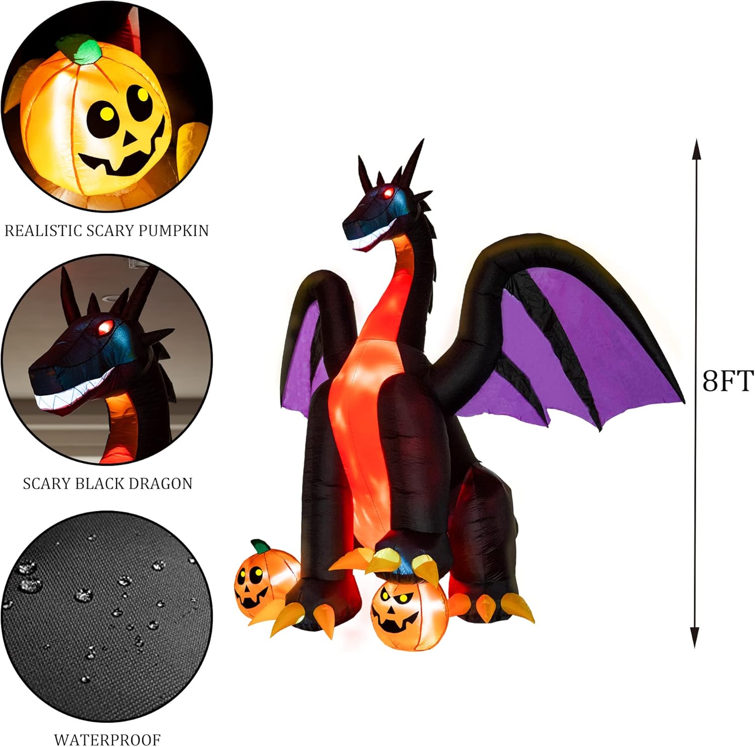 Hourleey 8 FT Halloween Inflatables Decorations, Animated Fire Dragon with Pumpkin, Build-in LED, Blow up Decors for Indoor Outdoor Home Lawn Yard Garden Party Clearance