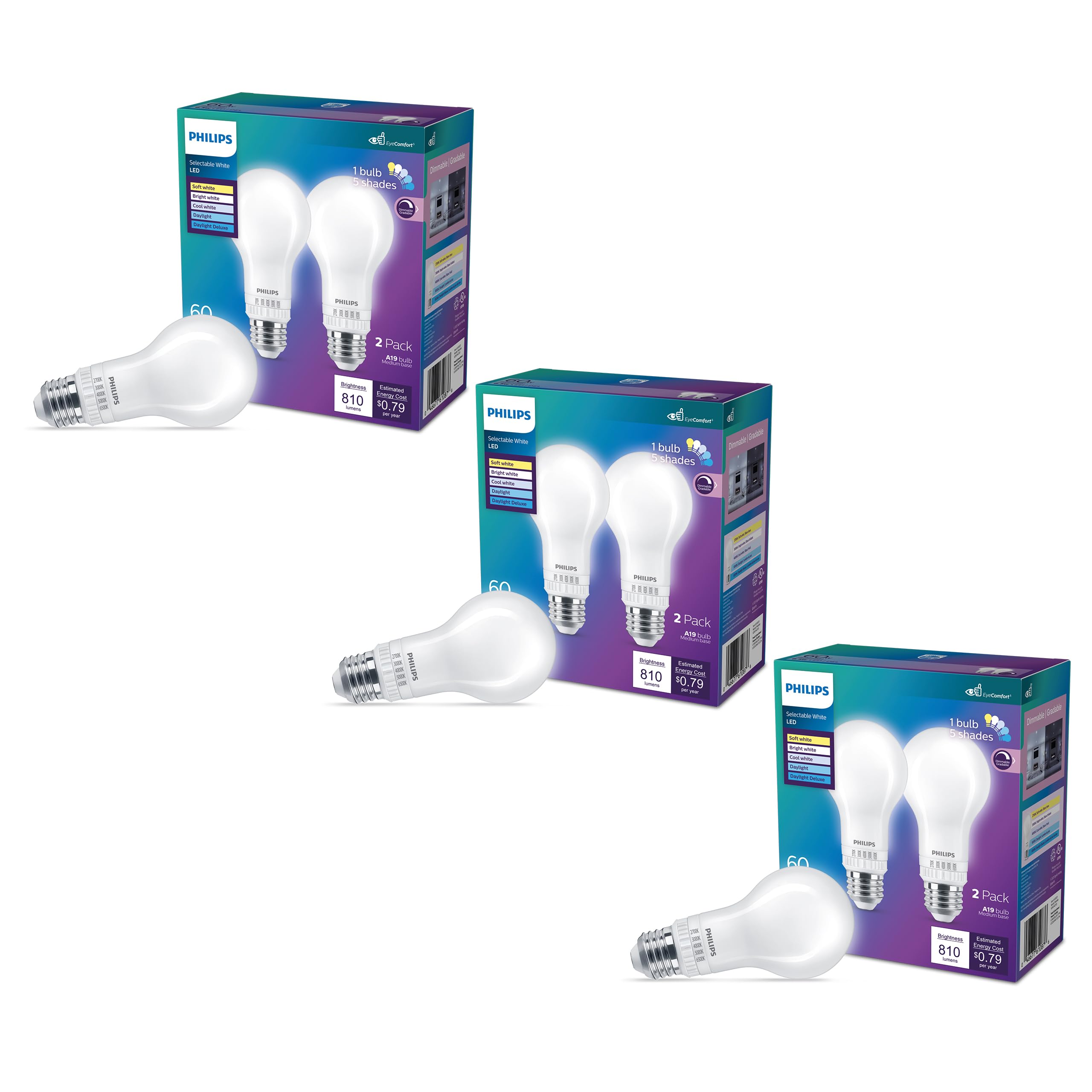 PHILIPS LED Selectable White Bulbs 6-Pack, 6.5 W, A19, 5CCT, Dimmable, EyeComfort, Easy to Use, T20, Frosted Glass, E26,