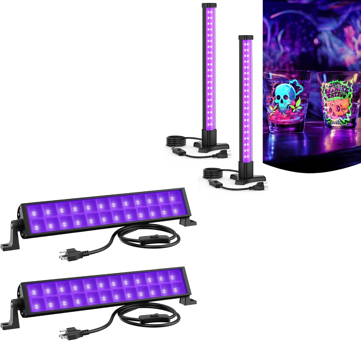 Onforu 2 Pack 48W and 15W Black Light Bar,LED Blacklight with Plug and Switch, Black Lights Flood Light, Glow in The Dark Party Supplies for Stage Lighting, Halloween Decorations, Body Paint
