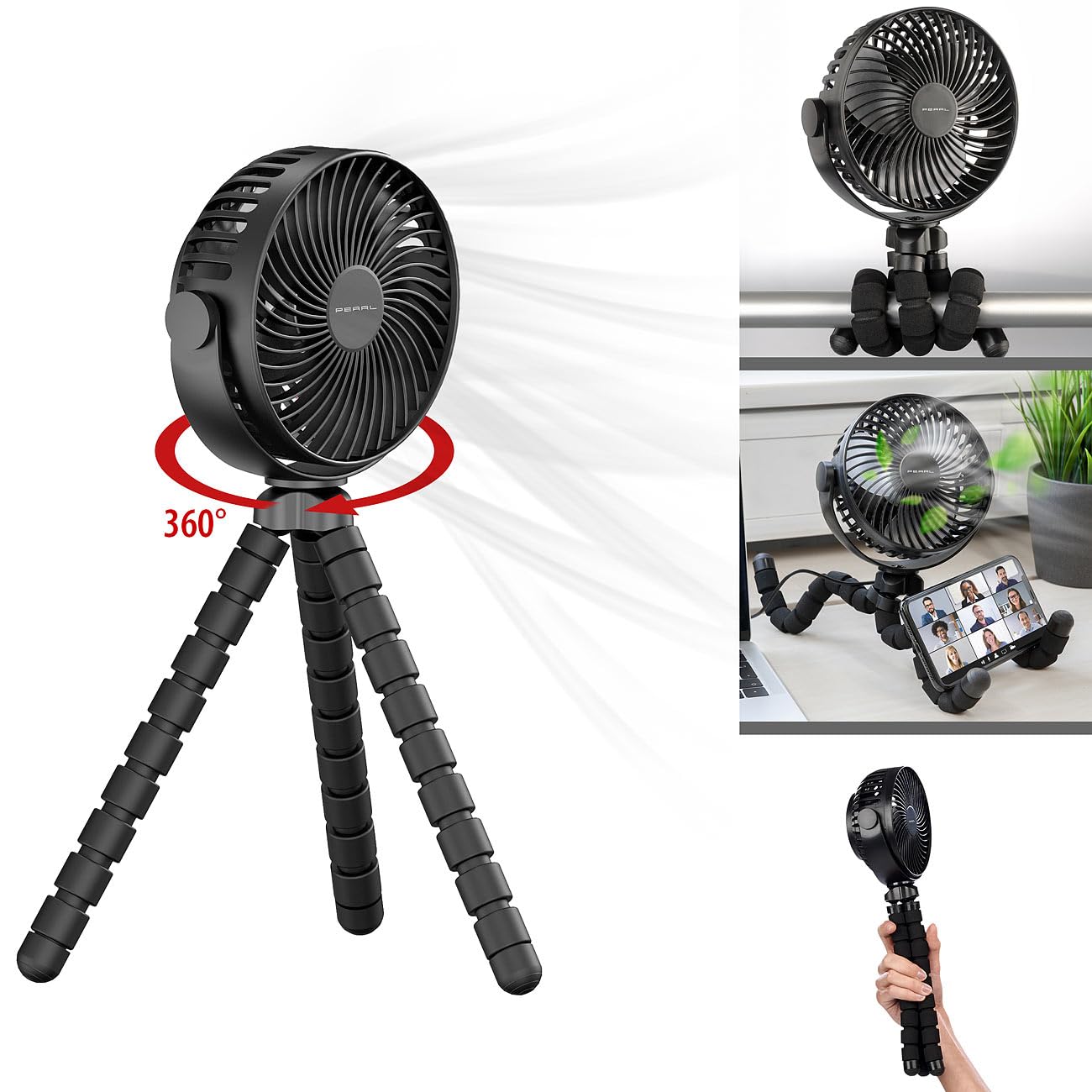 PEARL Akku Ventilator: 360°-Akku-Handventilator mit flexiblem Stativ, 3 Geschwindigkeiten (Hand-Ventilator, 3-Bein-Stativ, Mini)