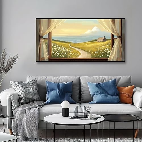 Miniatura 4 de Arte de pared costero vintage de 30 x 60 pulgadas, paisaje de ventana, granja, paisaje, naturaleza, pintura cálida, impresión sobre lienzo, arte de