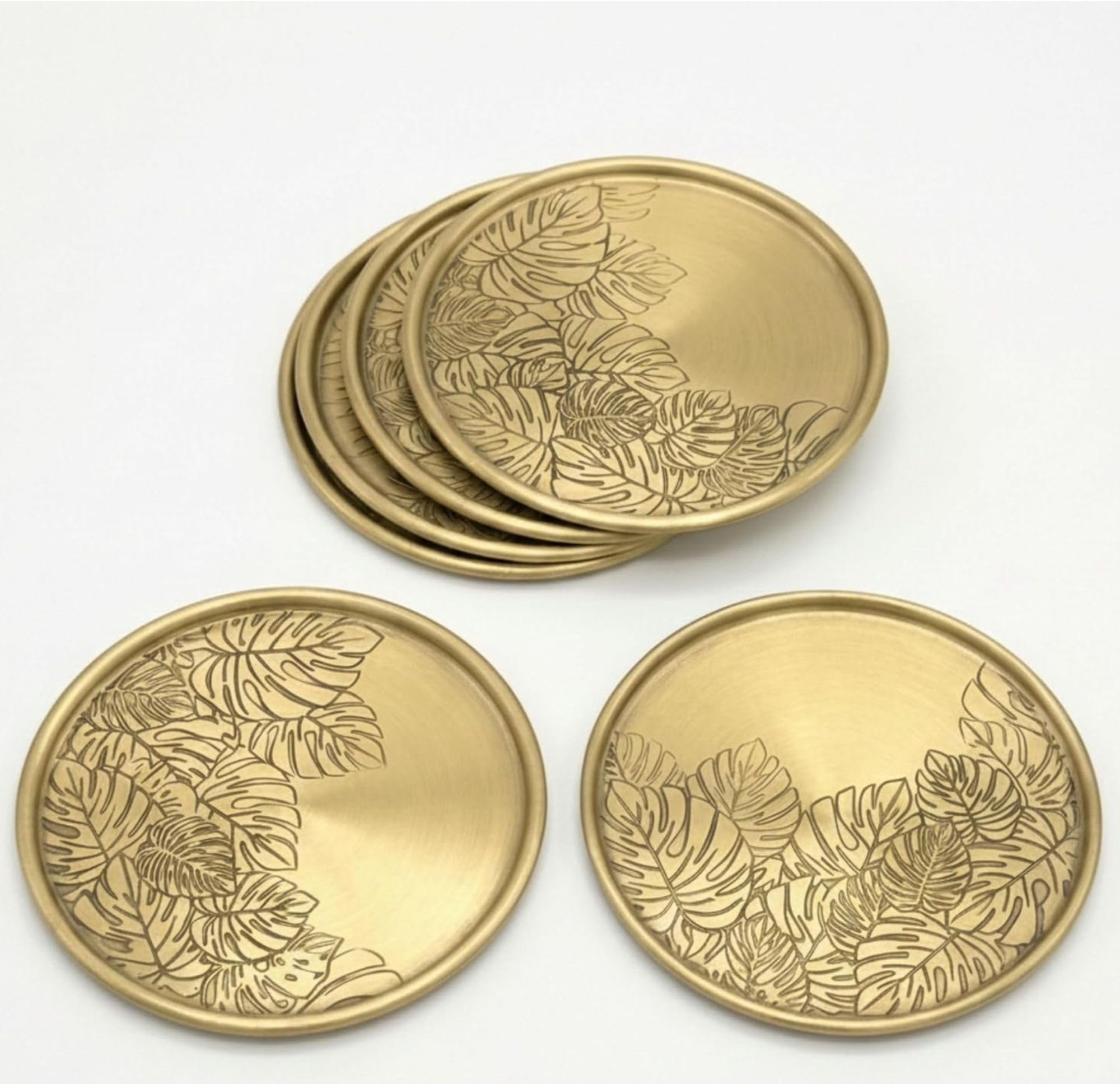 Brass Tea Coasters Set of 6 | Monster Leaf Etching Design Cup & Pot Coasters for Hot Utensils | 4 x 4 Inch Golden Table Coasters