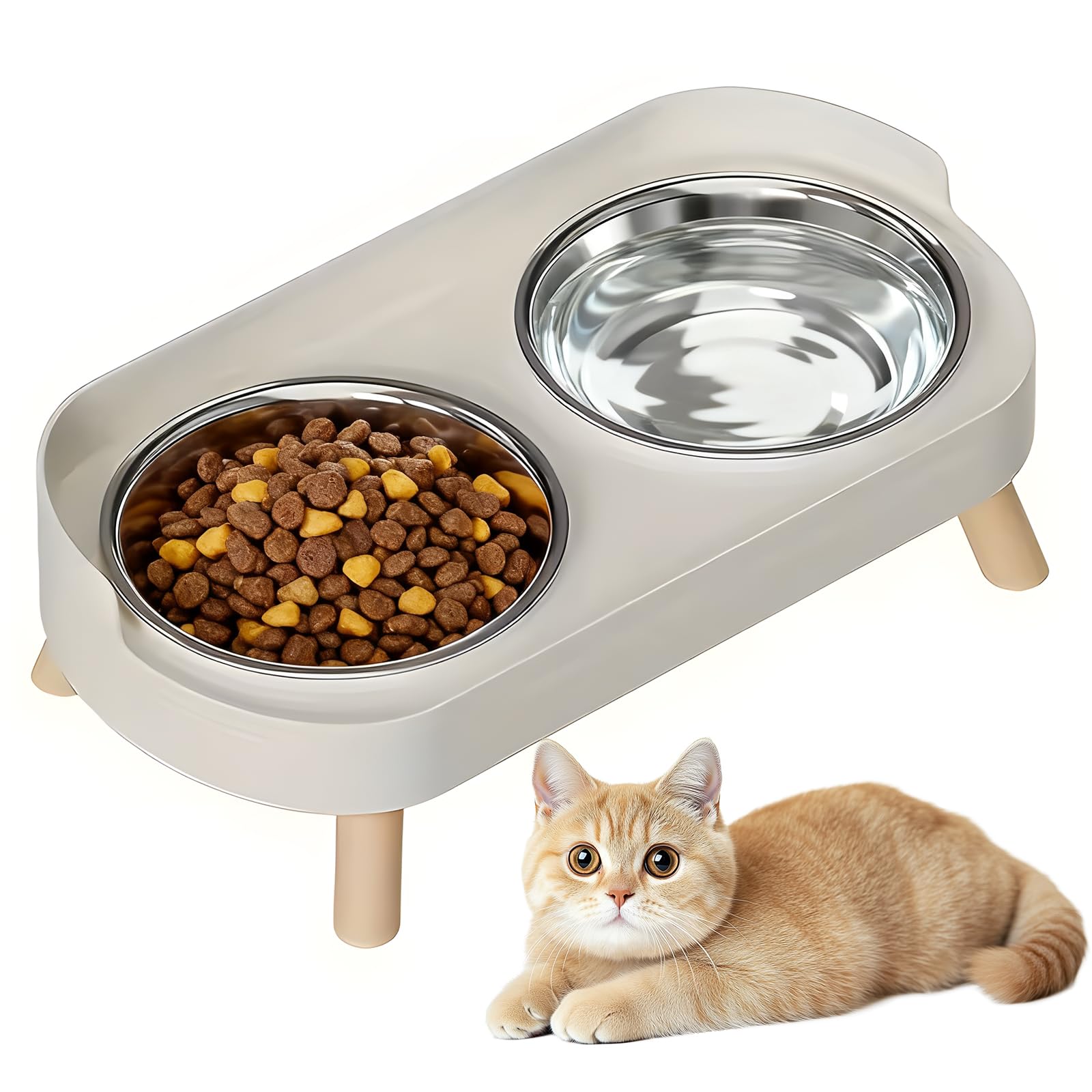 Set of 2 Cat Bowls, Raised Cat Bowl Set, Stainless Steel, Double Cat Bowls with Stand and Splash Guard, Non-Slip Feeding Bowl, Cat Bowl, Feeding Bowl, Water Bowl Set for Cats and Small Dogs, White