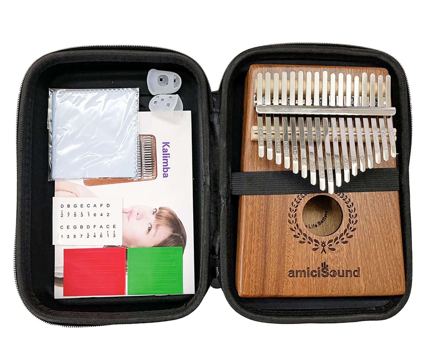 amiciSound 17 Keys Thumb Piano, Kalimba with Engraved Notes, Tuning Hammer and Carry Bag