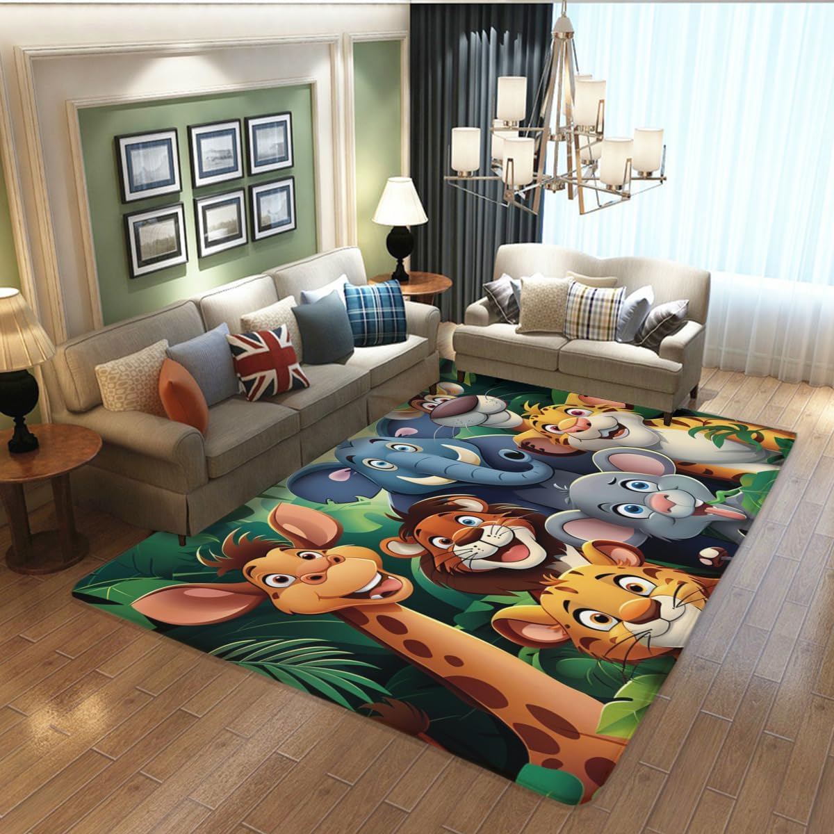 Cartoon Animal Kingdom Printed Carpet, Animal Learning Play mat, Elephant, Lion, Leopard, Giraffe and Other Durable Washable Animals Cute Cartoon Floor Rug Suitable for Teaching 40x60inch