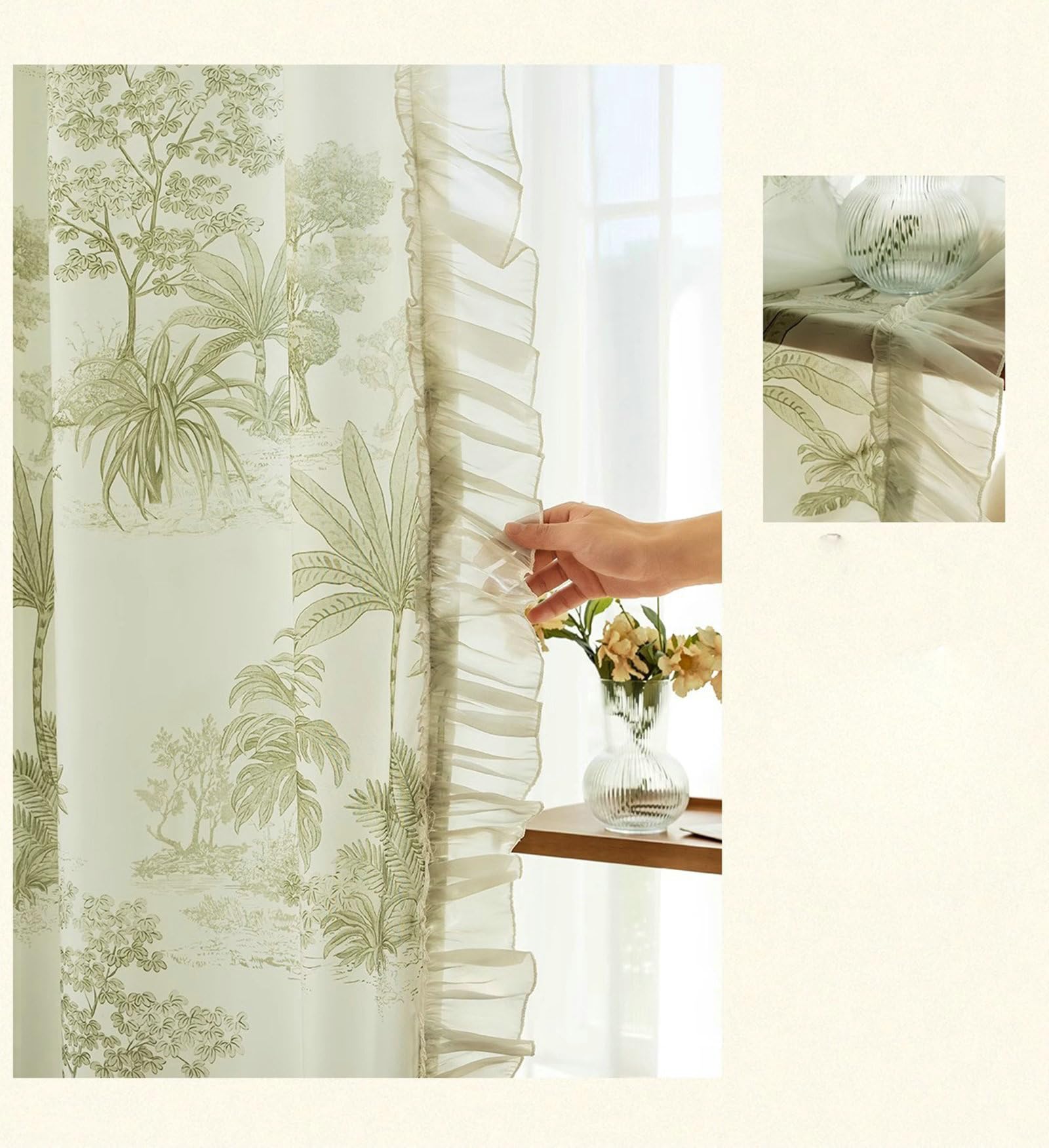 Rideau Transparent Fenetre, 200x270cm Imprimé Cocotier Voilure de fenêtre pour Chambre, Salon en Polyester, Vert