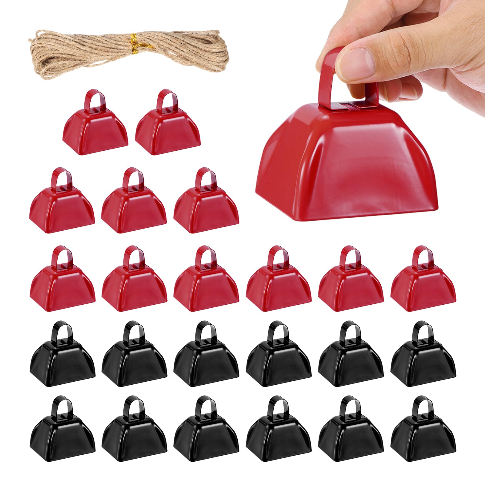 PATIKIL 24pcs Cow Bells for Football Games 3 Inch Cowbells for Sporting Events Bulk Loud Noise Makers Metal Cow Bell with Rope for Cheering Wedding Red/Black