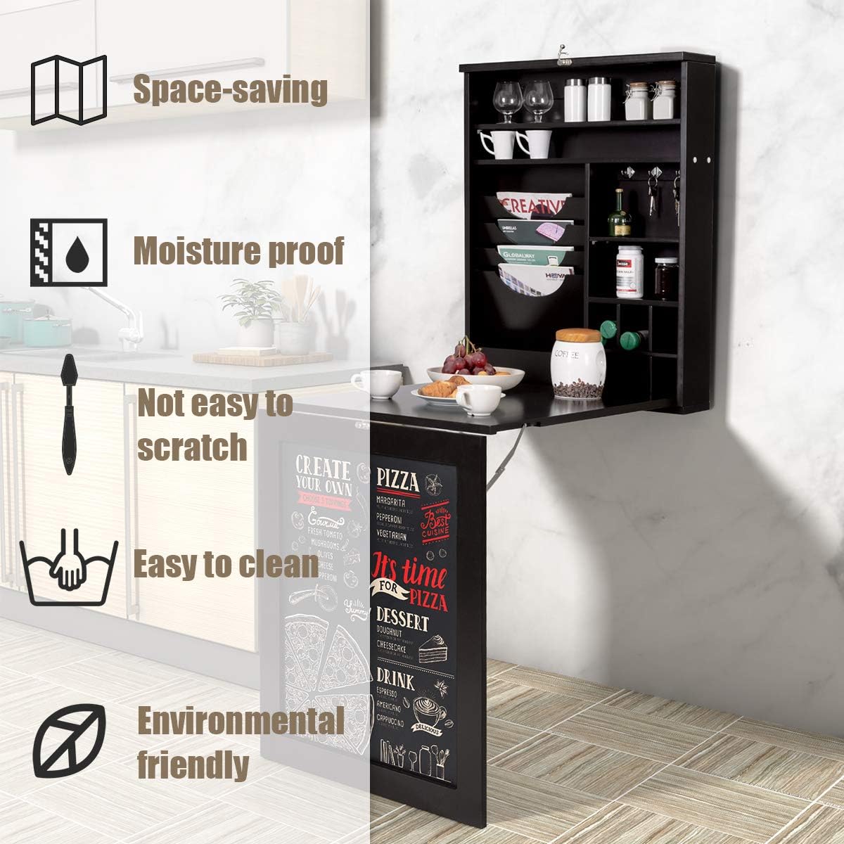 Tangkula Wall Mounted Floating Desk with Chalkboard, Space Saving Fold Up Wall Mount Convertible Desk, Multi-Function Table with Storage Shelves & Hooks（No Assembly Required）