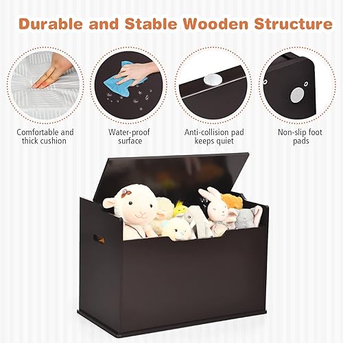 Miniatura 4 de Costzon Baúl de madera para juguetes para niños, caja ancha de almacenamiento para juguetes con asiento de banco, caja de almacenamiento de juguetes