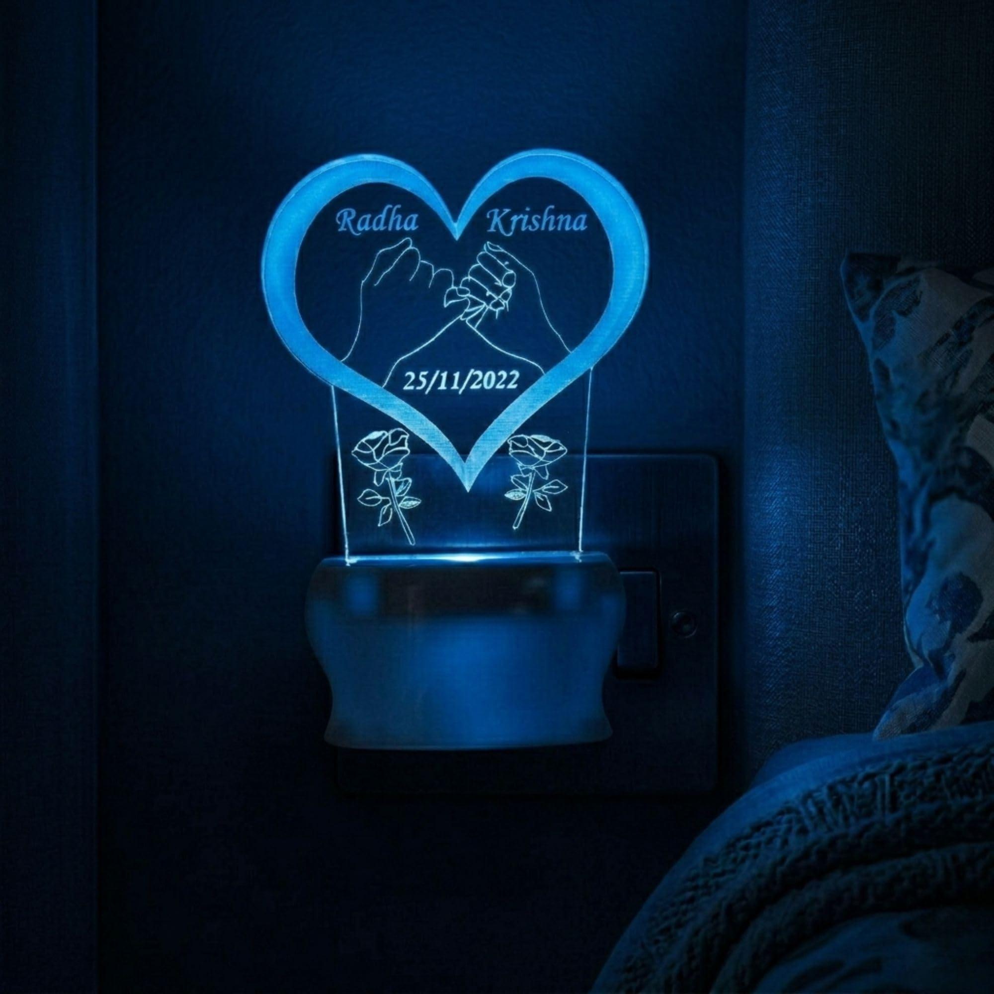 SHAYONA Personalized Couple Name And Date In Love Heart Acrylic 3D Illusion Plug In LED Night Lamp Gift For Couple,Valentine'S Day,Anniversary,And Birthday With Changing 7 Auto Colour-13CM.,Multicolor 2