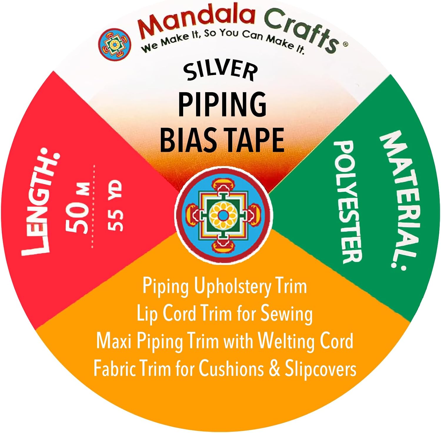 Mandala Crafts Silver Maxi Piping Bias Tape with Welting Cord - 1/2 Inch Upholstery Piping Trim for Sewing, Cushions, Slipcovers, and DIY Decor - 55 Yards Lip Cord Trim