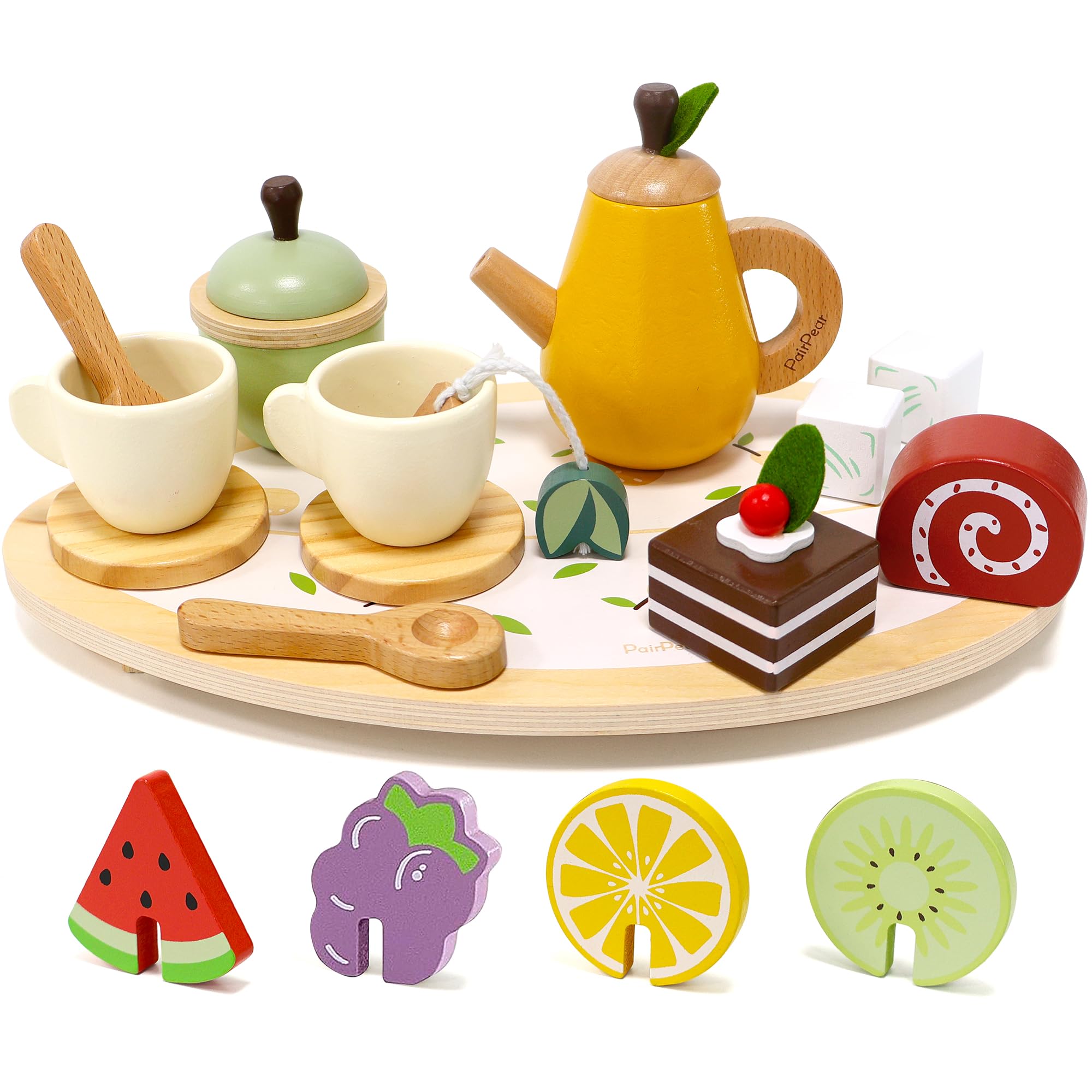 PairPear Wooden Tea Set for Little Girls, Wooden Toys Toddler Tea Set Play Wooden Toys PairPear Wooden Tea Set For Toddlers, Jouet Enfant 4 Ans