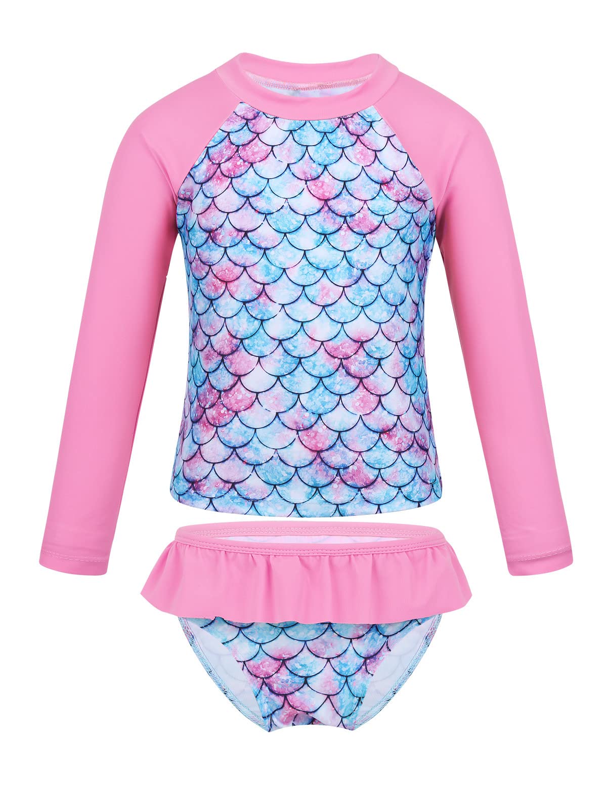 TiaoBug Traje de Natación para Niñas Bañador de Sirena Manga Larga Camiseta de protección Solar Top Bikini con Braguitas Disfraz de Natación Playa Surf