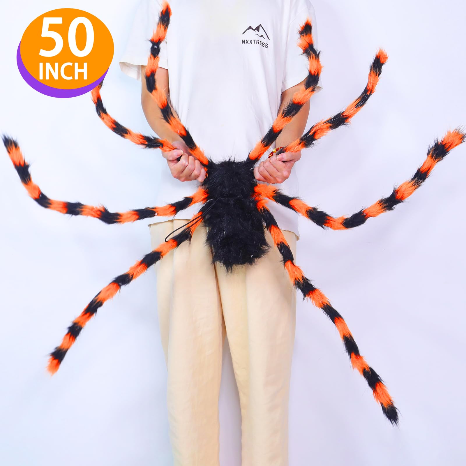 Confezione da 2 ragni giganti di Halloween da 127 cm, ogni ragno arancione e nero con 26 luci LED viola, ragno finto spaventoso che si illuminano per esterni, cortile, portico, giardino, prati