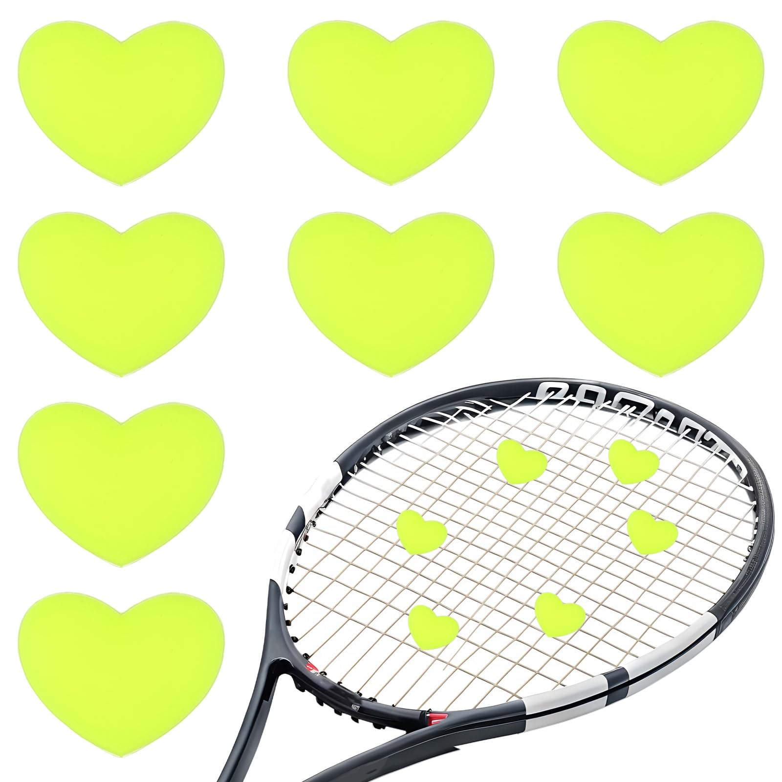 YELARXI Tennis Dampener, Heart Silicone Tennis Racket Dampeners Racket Shock Absorber Reduce Vibration Soft Cute Fit for (Players/Universal Fit for All Racquets) 8Pcs & Fluorescent Green