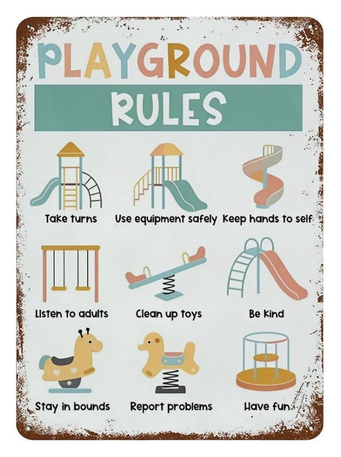PKNVKZIDK Playground Rules Colorful Metal Sign Outdoor Educational Wall-Art For School Park Preschool Daycare 8 X 12 inch