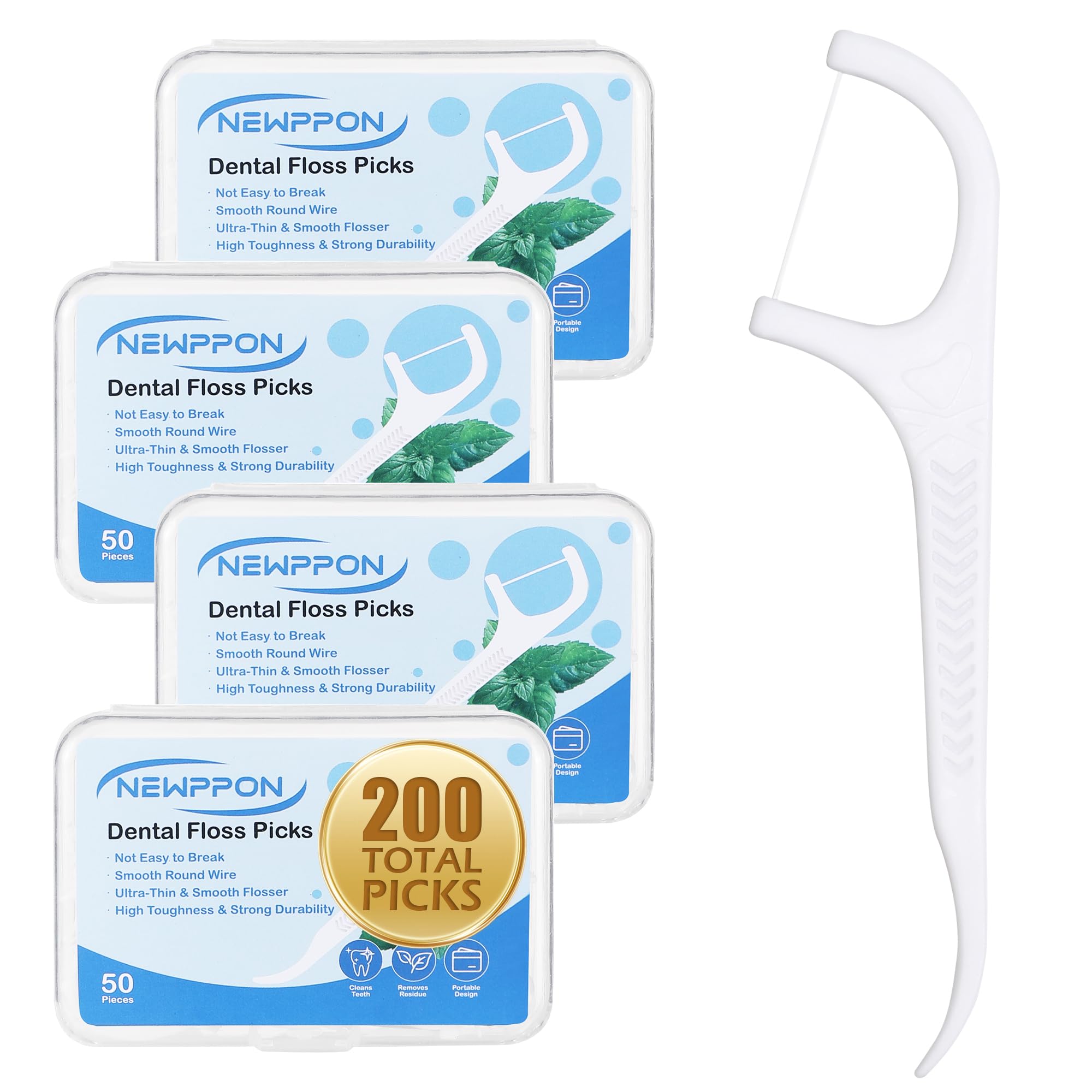 200 Count Dental Floss Picks Unflavored Floss Sticks with Built-in Toothpick 4 Boxes of 50 Strong Smooth Dental