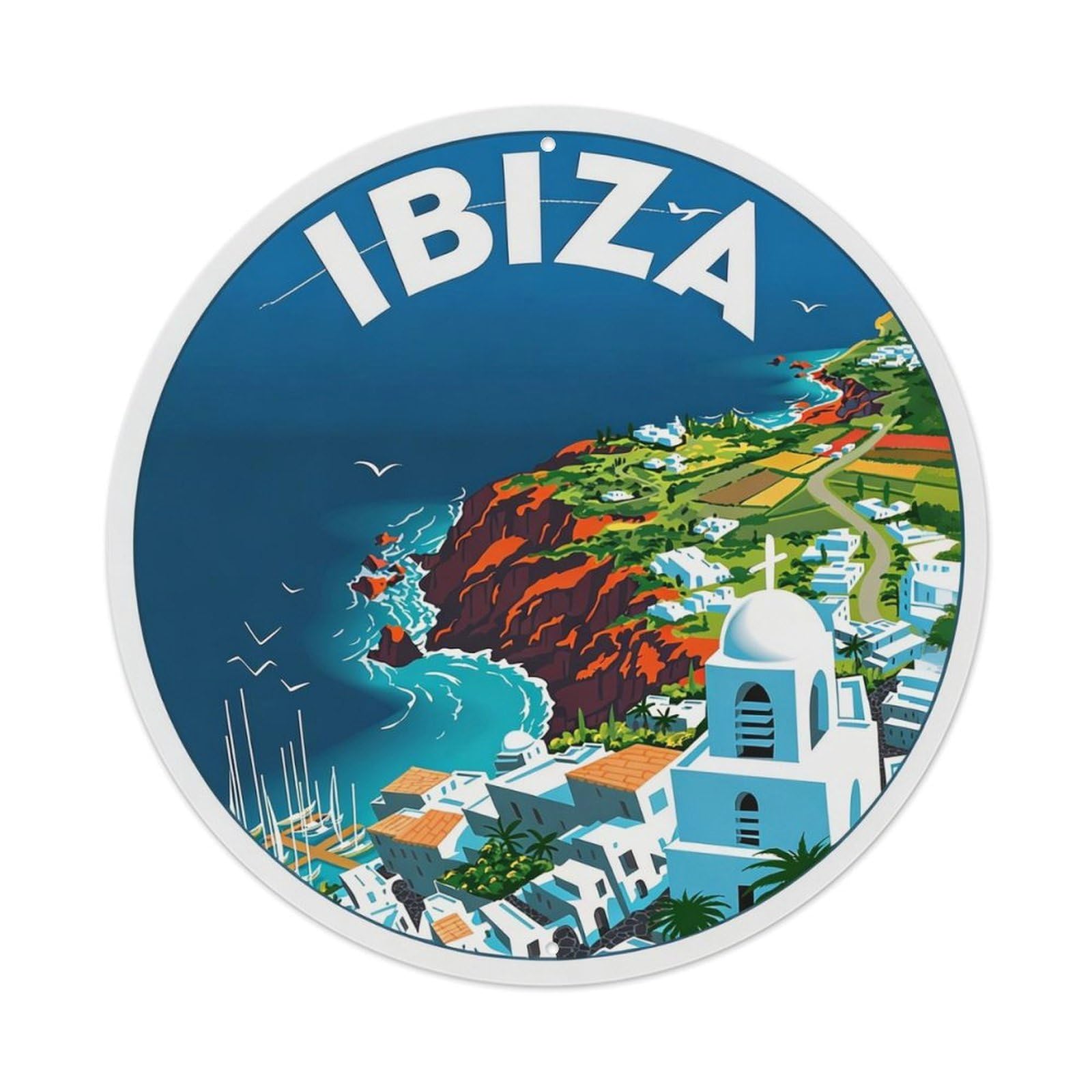 Retro Travel Ibiza Vintage Metal Tin Sign Plaque Wall Decor for Cafe, Club Bar, Office, Home Garden Round Metal Poster 8x8Inch