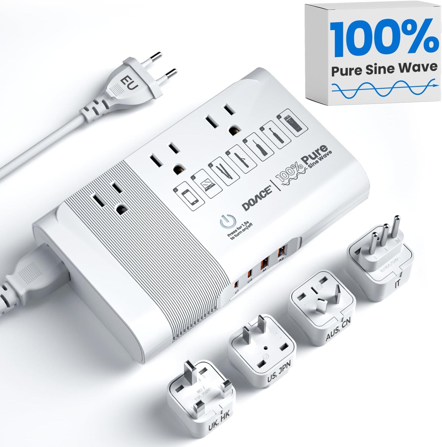 [Game-Changer] DOACE 500W Max 220V to 110V Converter, 50Hz to 60Hz Voltage Converter for European Travel, 100% Pure Sine Wave Power Converter US to Europe for CPAP Hair Straightener Laptop Cell Phone White