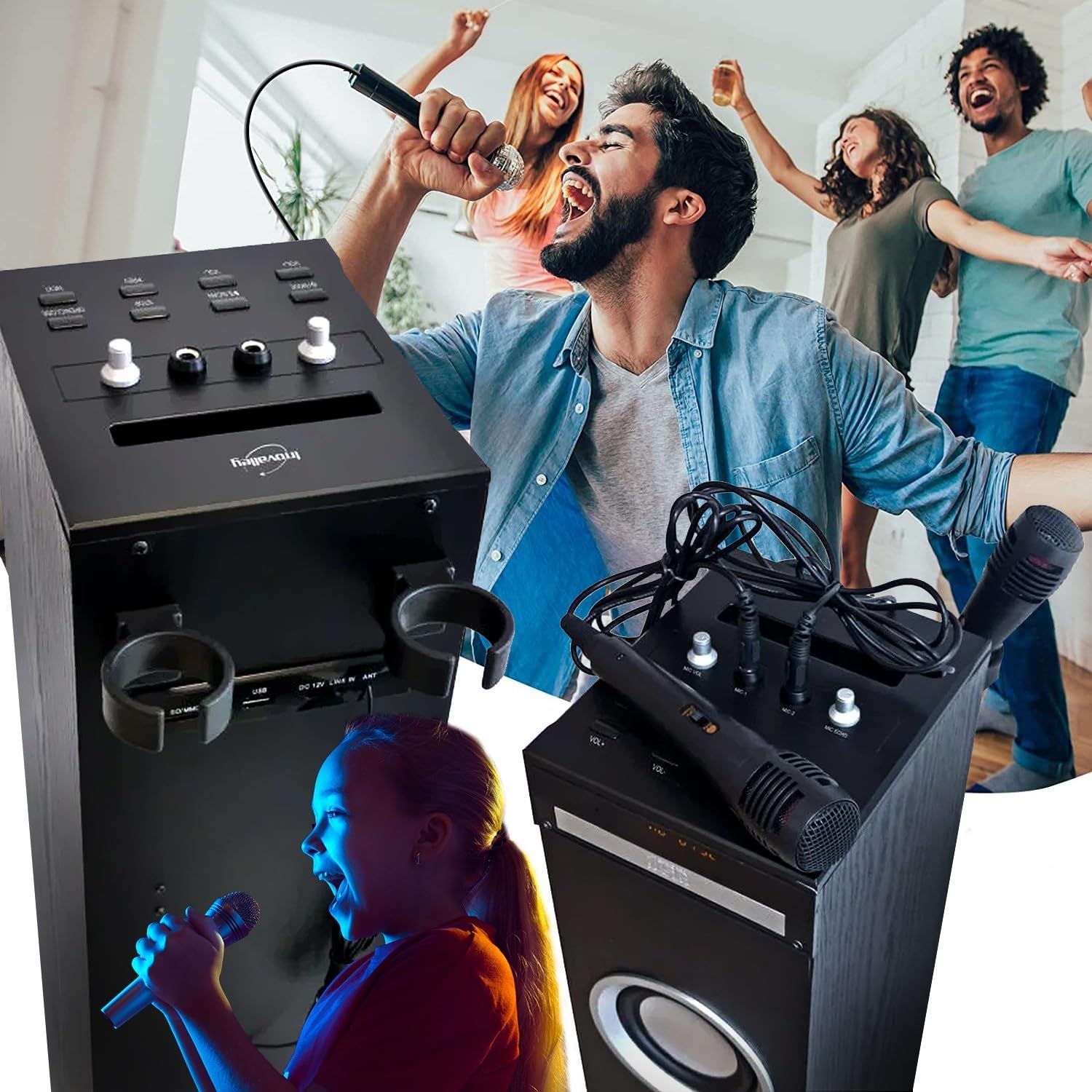 INOVALLEY Tour de Son Lecteur CD et Karaoké HP49CD - 100W - USB Bluetooth Radio FM, 2 Microphones avec Supports - Télécommande