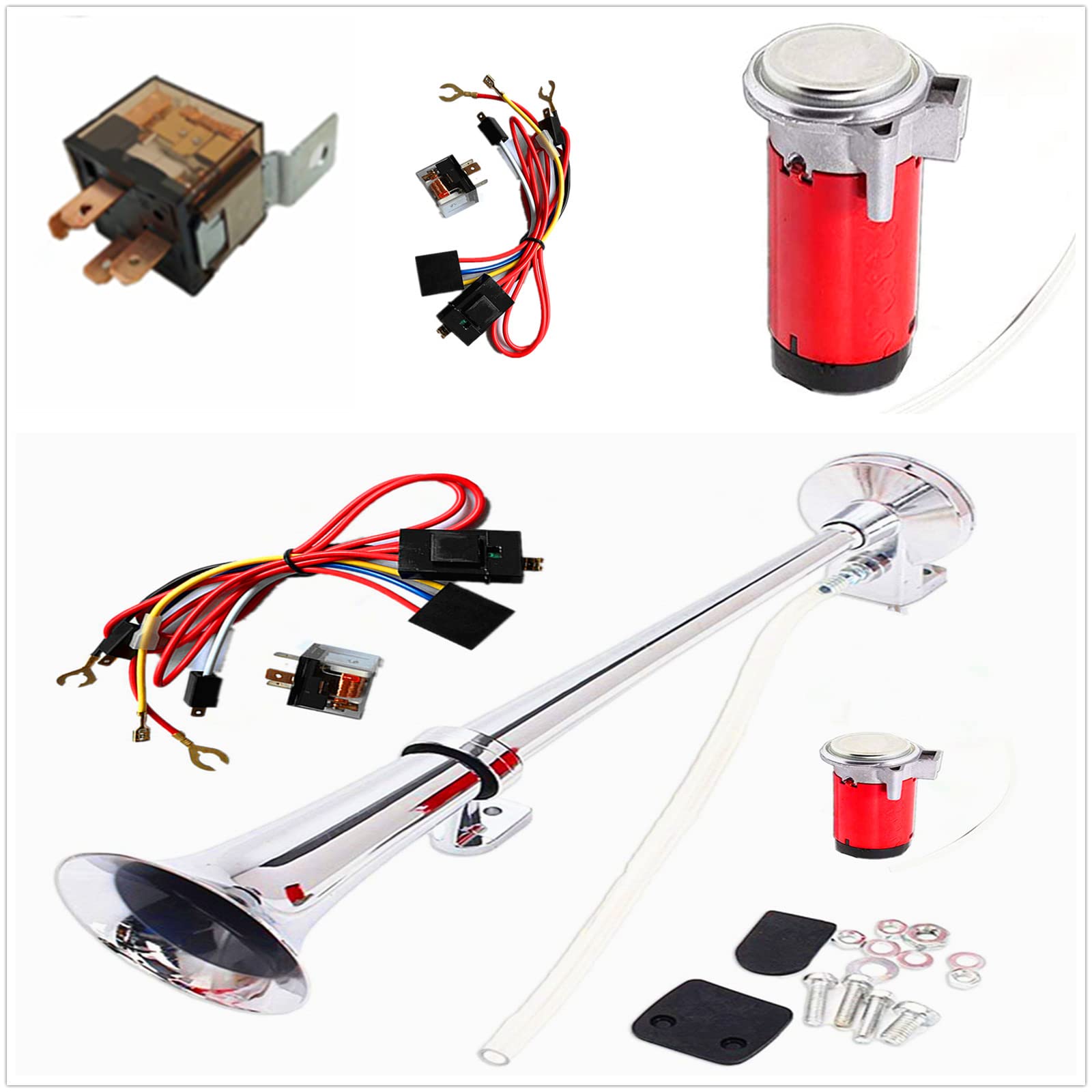 Klaxon de Voiture Chrome Zinc 150DB 45cm Trompette Simple Avec Compresseur de Pompe à Air Rouge Pour 24V Camion Bateau
