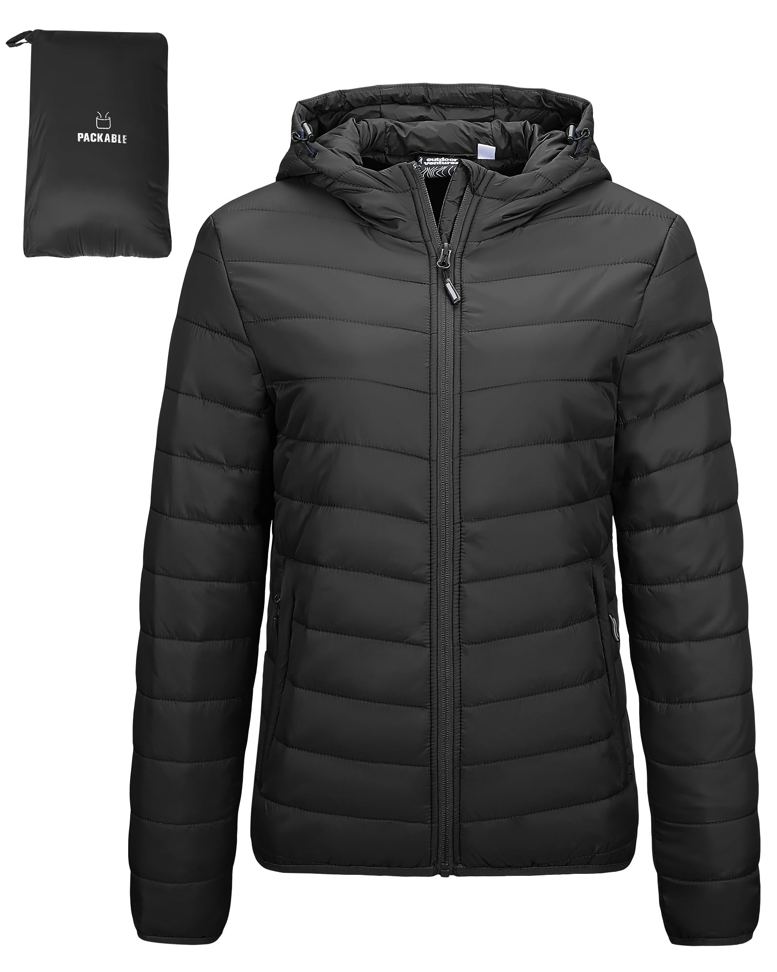 Outdoor Ventures Veste d'hiver légère avec capuche pour femme, chaude, courte, compressible, matelassée, avec doublure, mi-saison, pour randonnée, voyage