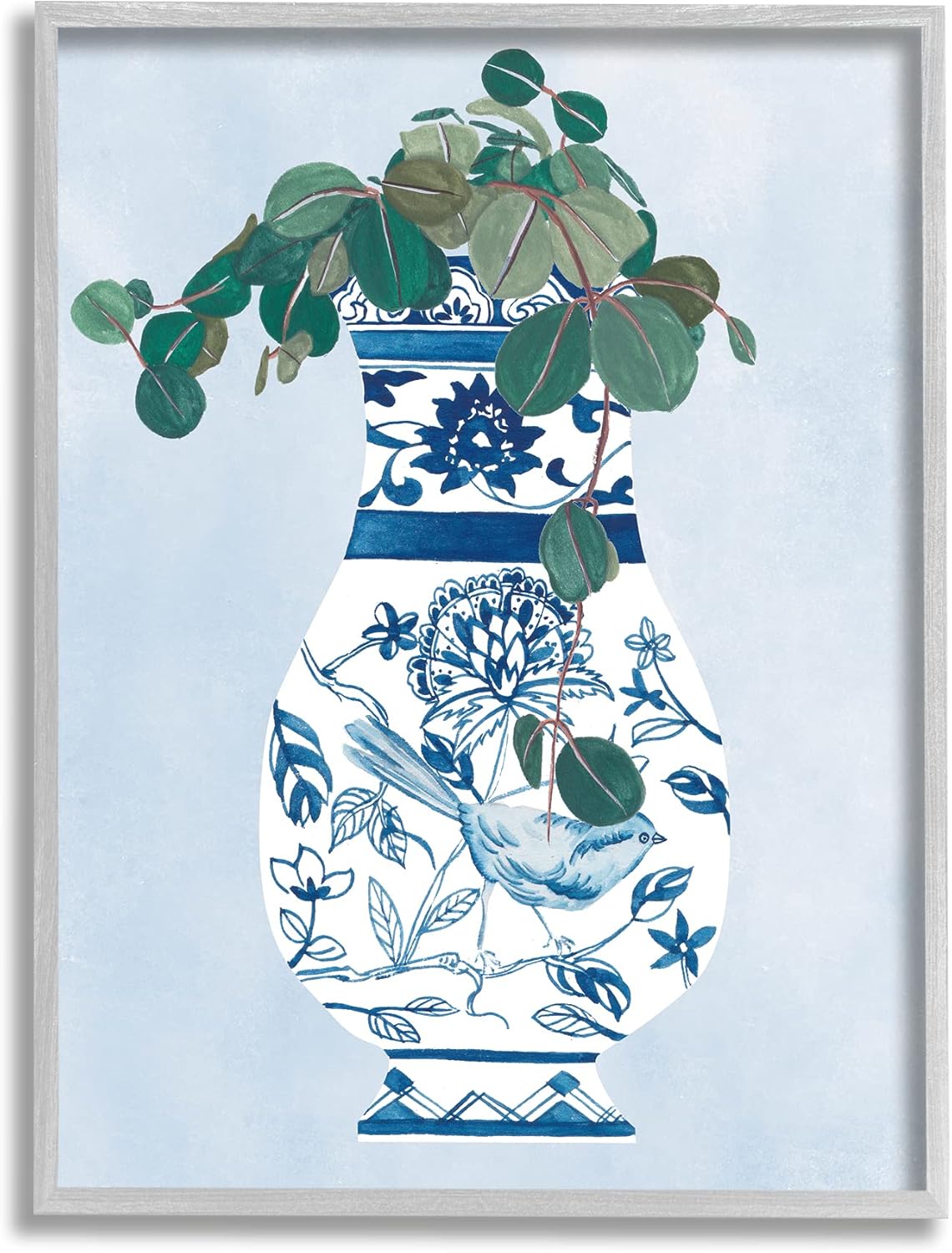 Stupell Industries Green Vine Plant Ornate Blue Bird Vase, Design by Melissa Wang Gray Framed Wall Art, 24 x 30