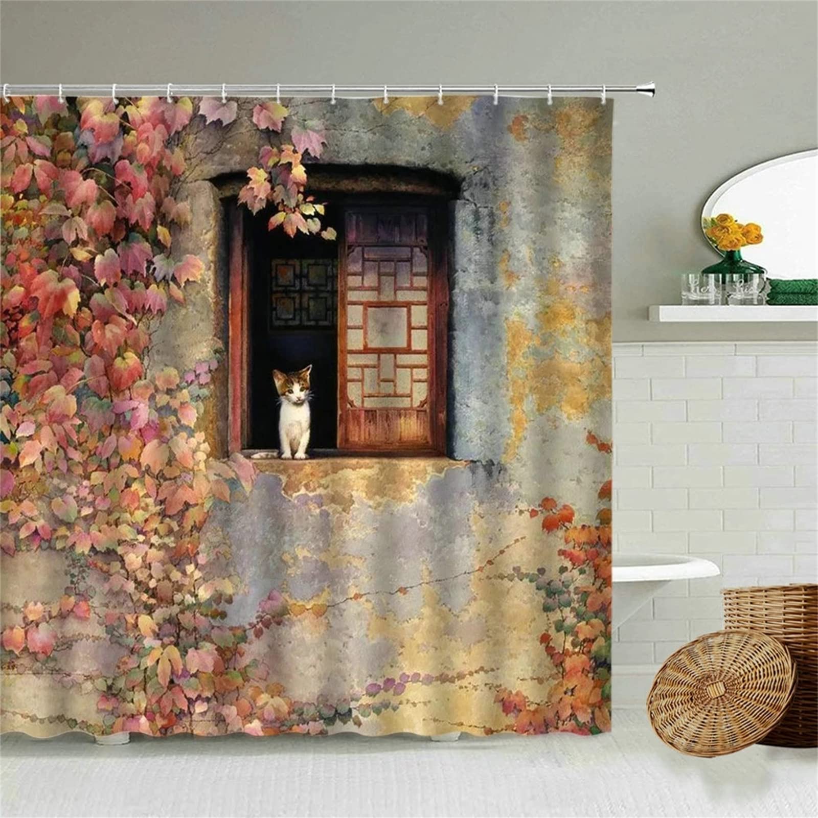 Zasłona prysznicowa z kotem wodoodporne zasłony łazienkowe szer. 300 cm x dł. 180 cm, długa zasłona prysznicowa z haczykami, poliestrowe nadające się do prania, szybkoschnące ogrodowe zasłony prysznicowe na zewnątrz