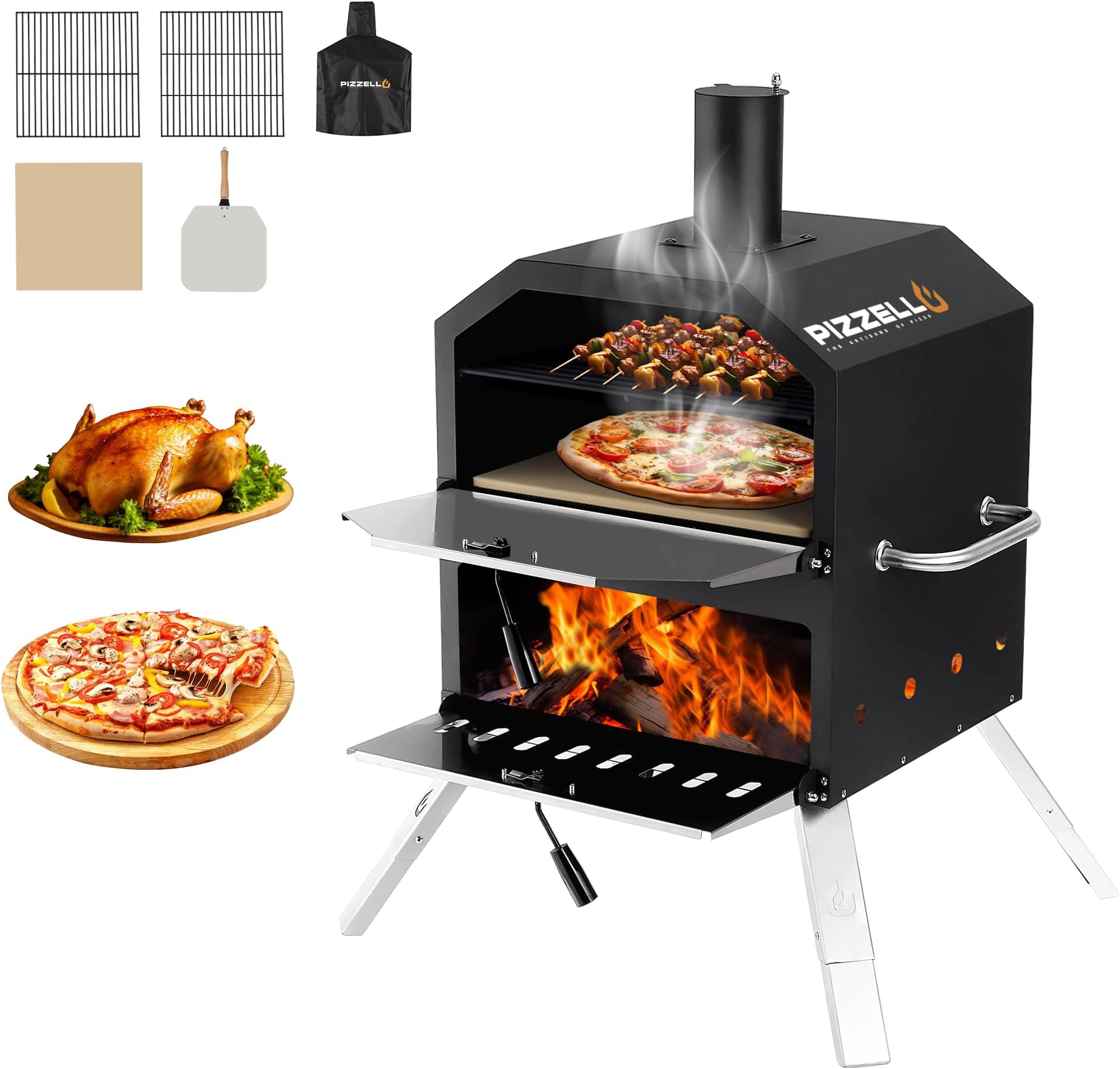 Pizzello Outdoor Pizza Oven 16" Large Wood Fired 2-Layer Pizza Ovens with Pizza Stone, Pizza Peel, Grill Grate, Oven Cover, Outside Pizza Maker for Camping Backyard BBQ, Pizzello Grande