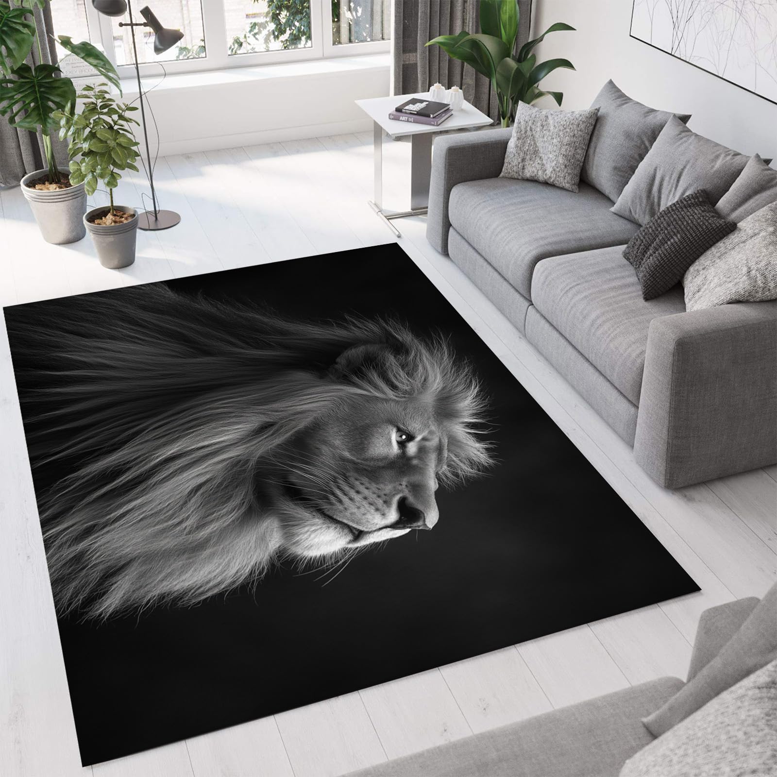 Tapis de salon antidérapant noir 160x230cm avec illustration faune pour chambre