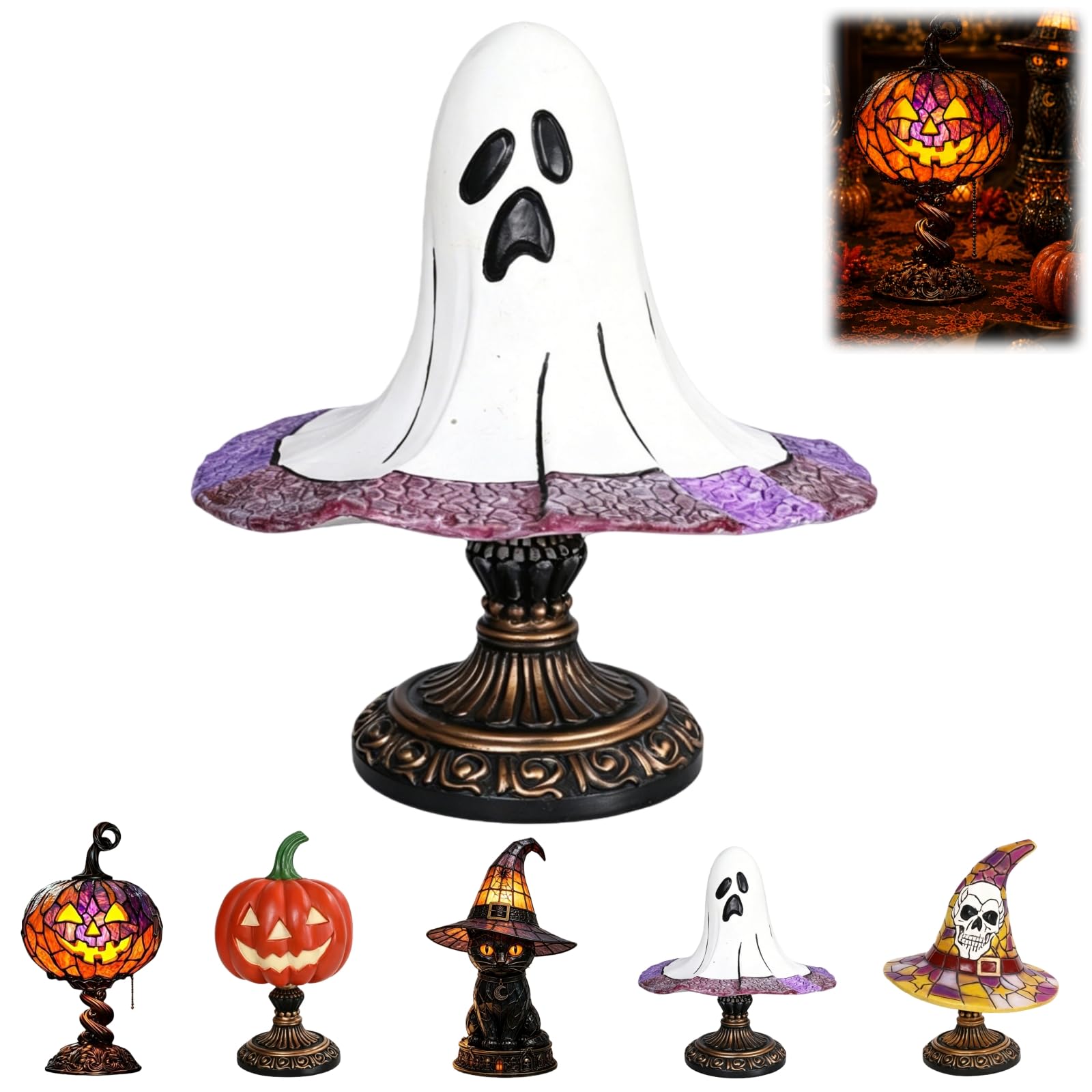 ENCOMAG Stained Glass Halloween Pumpkin Table Lamp, Jack-O-Lantern Tiffany Lamp, Vintage Resin Witch Hat Lamp Gothic Decor USB Powered Decorative Table Lamps for Halloween Home Party (Ghost)