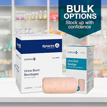 Dynarex Durma+ Unna Boot Bandages with Zinc Oxide and Calamine - Provides Compression with Soothing Formula for Leg Ulcers, Edema, Sprains - 4 x 10 yds - Case of 12 Rolls