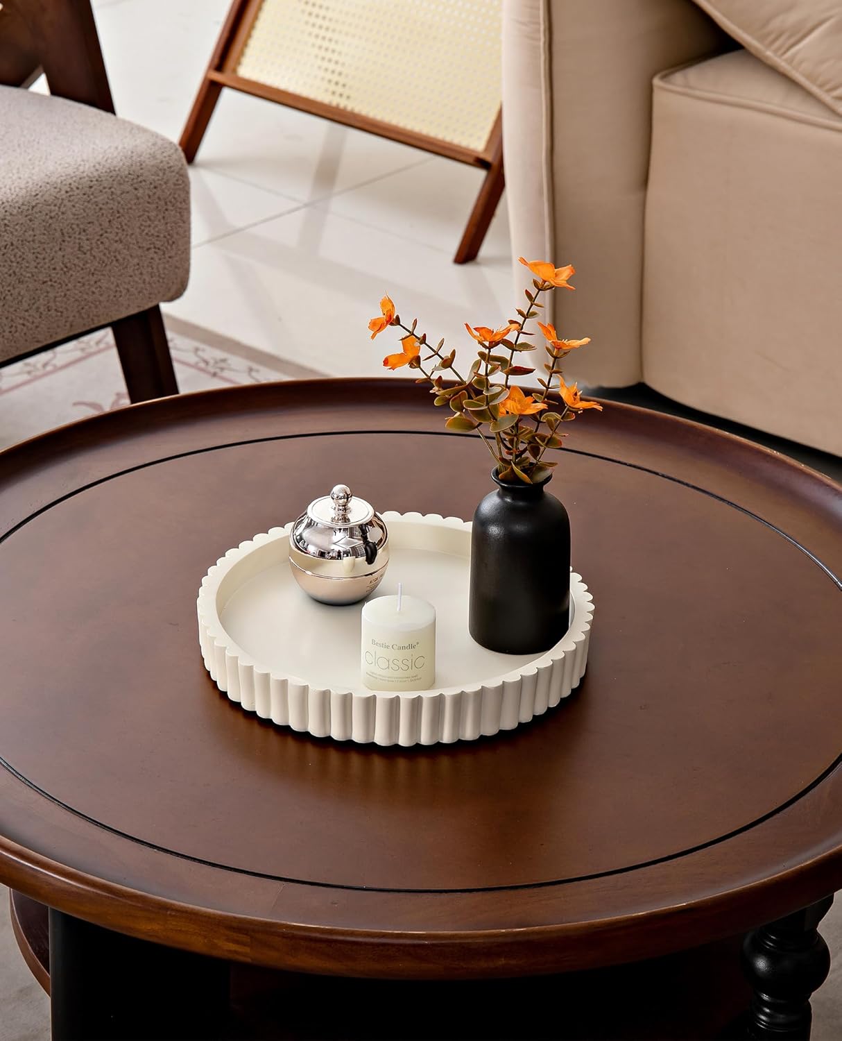 Round Decorative Tray for Coffee Table, Modern Round Coffee Table Tray for Home Decor, Table Centerpieces Serving Tray for Living Room, Office, Dining Room, Kitchen Island（White）