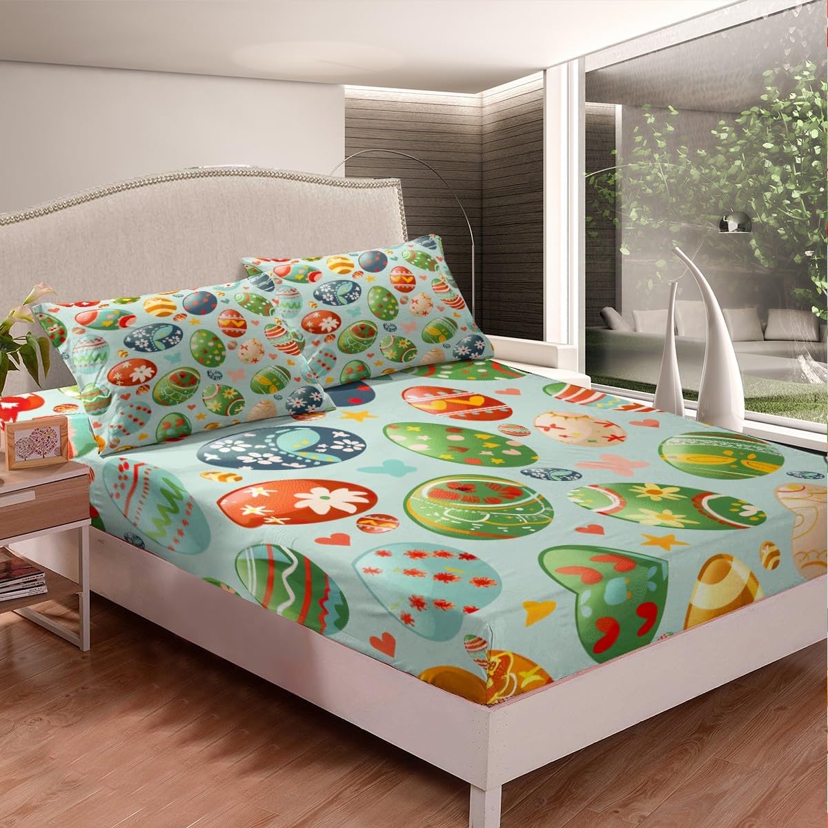 Easter Eggs Decor Kawaii Bedding Sets Full,Rainbow Easter Egg Bed Sheets Multicolor Boho Floral Fitted Sheet,Watercolor Flowers Cute Room Decor Easter Decorations for The Home