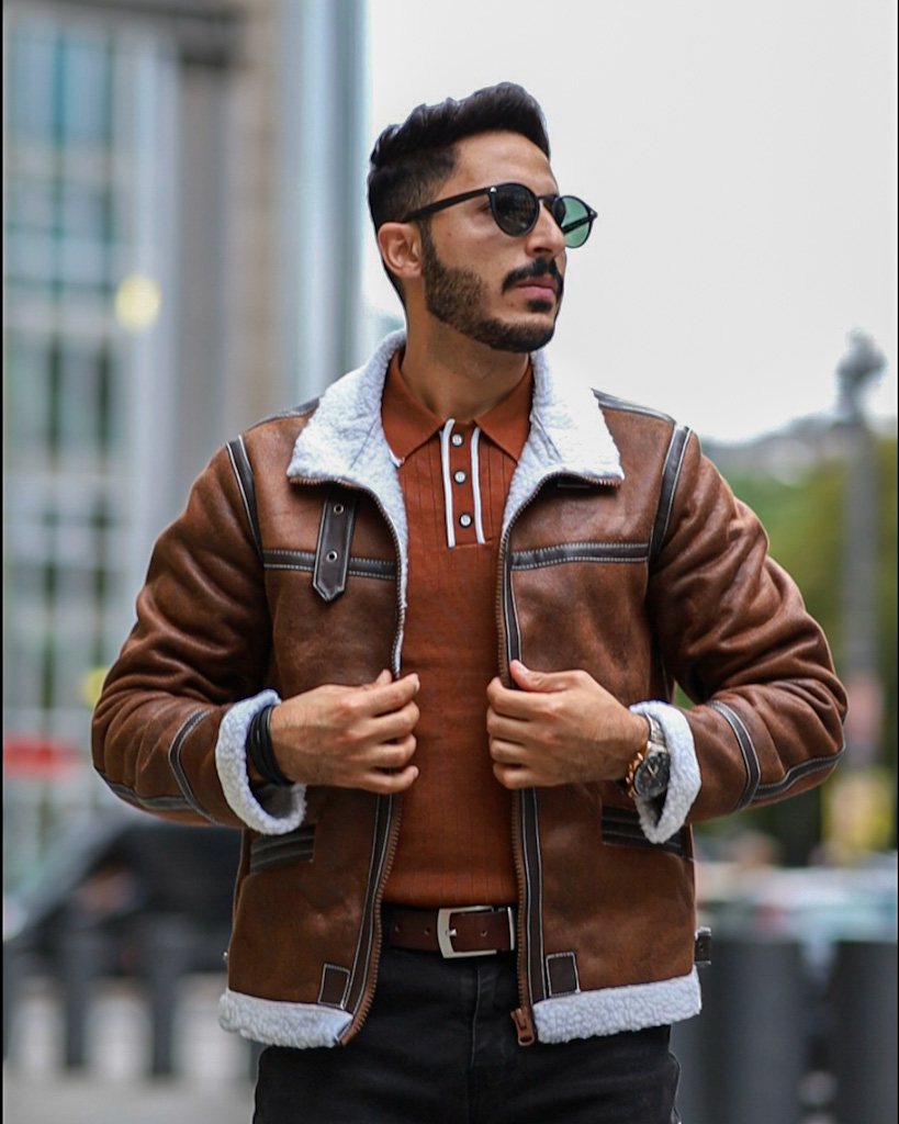 AOWOFS Men's Leather Jackets Aviator Bomber Jacket Men Brown