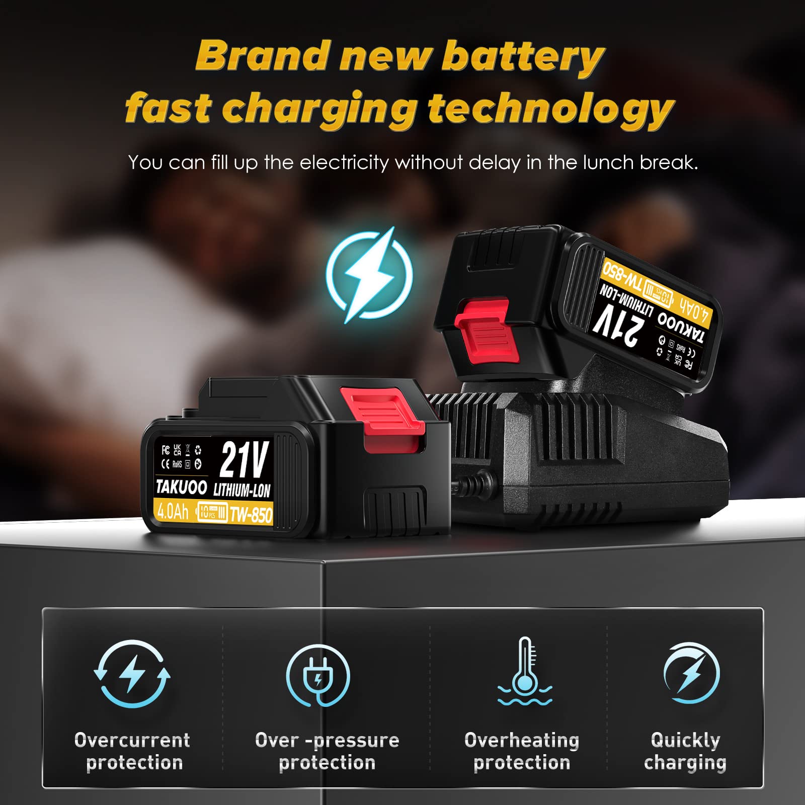 Takuoo 850 N.m Cordless impact wrench,1/2 inch Brushless Impact Wrench,Max Torque (850N.m) 640Ft-lbs electric wrench with 2pcs 4000mAh Li-ion batteries.6 Sockets Power Impact Driver for Car Pipickup