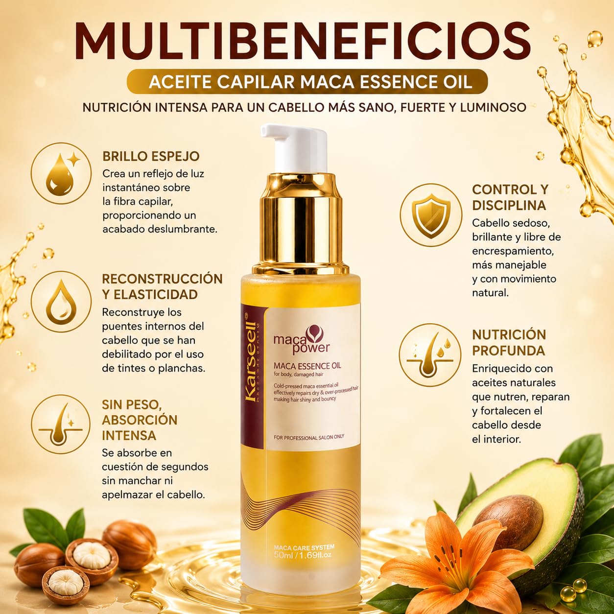 Karseell MACA CARE SYSTEM Sérum Capilar Profesional Aceite de Argán Karité Hidratación Reparación Brillo Antifrizz Alisado Nutritivo Puntas Abiertas Cabello Seco Dañado Teñido Rizado Sin Sulfatos 50ml