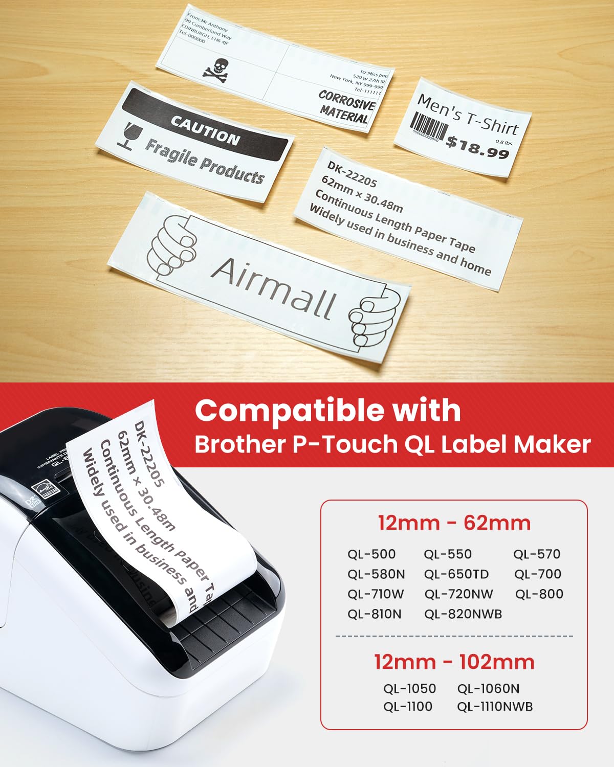 DK-22205 Rouleau de Papier Continu Compatible avec Brother DK22205 | 10 DK 22205 Étiquettes pour Imprimantes d'Étiquettes QL Brother, 1 Fixateurs Réutilisables, 62mm x 30.48m